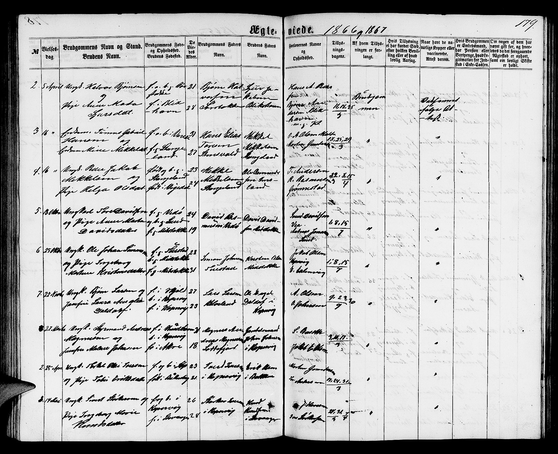 Avaldsnes sokneprestkontor, SAST/A -101851/H/Ha/Hab/L0004: Parish register (copy) no. B 4, 1861-1876, p. 179