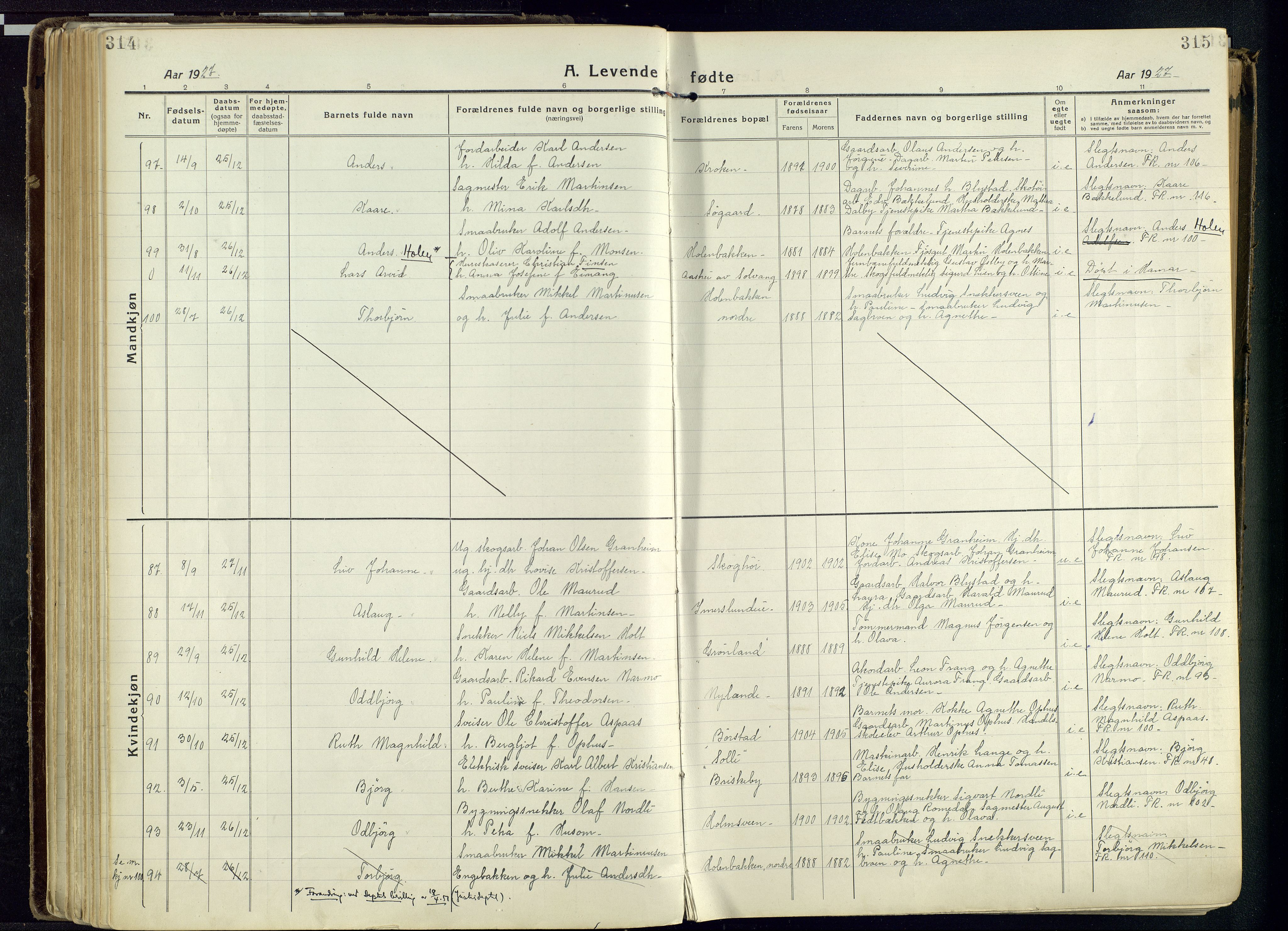 Vang prestekontor, Hedmark, AV/SAH-PREST-008/H/Ha/Haa/L0022: Parish register (official) no. 22, 1918-1944, p. 314-315