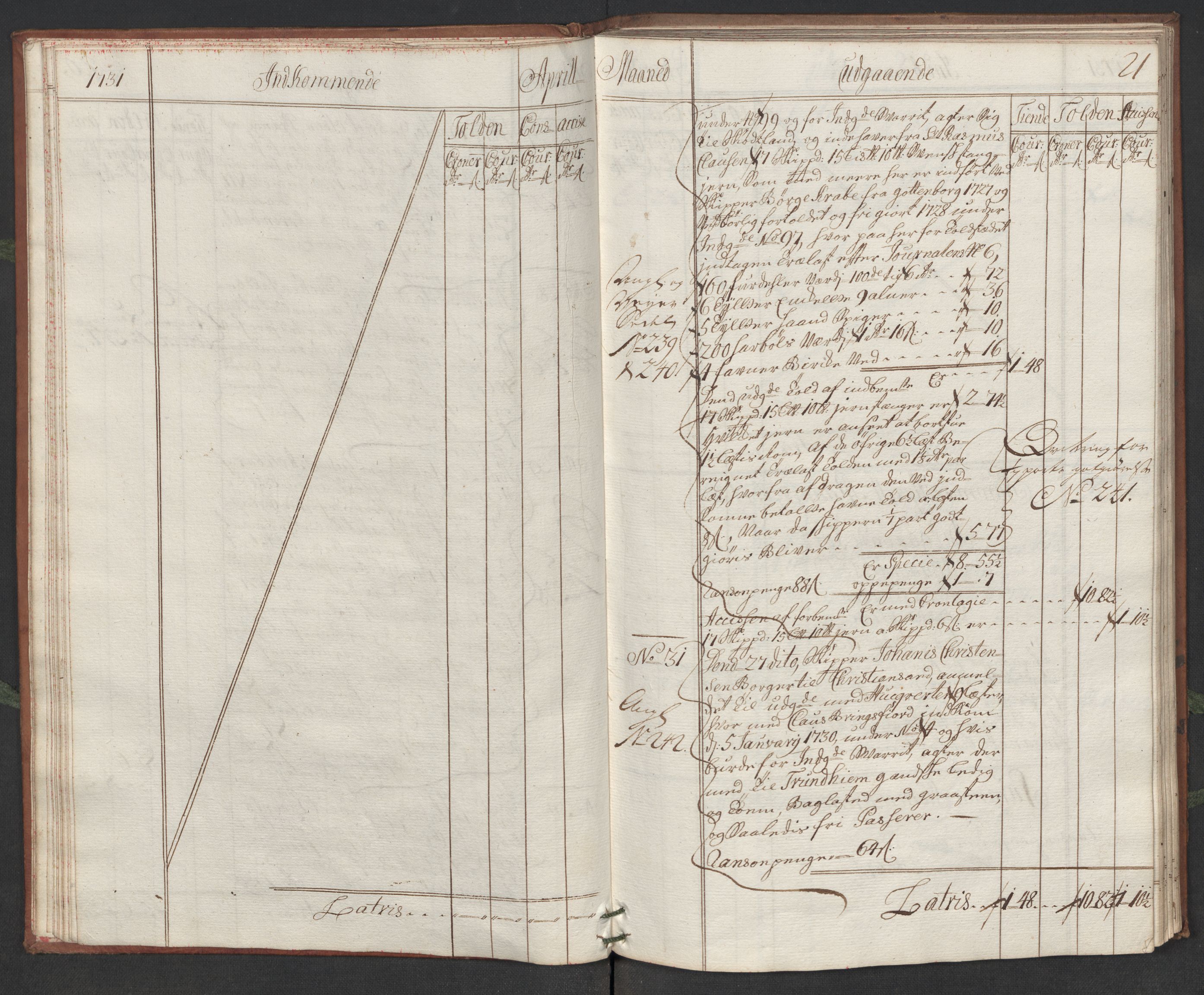 Generaltollkammeret, tollregnskaper, AV/RA-EA-5490/R19/L0006/0001: Tollregnskaper Flekkefjord / Hovedtollbok, 1731, p. 20b-21a