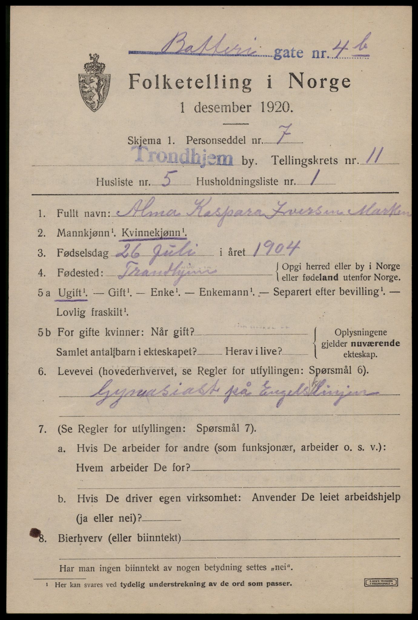 SAT, 1920 census for Trondheim, 1920, p. 46304