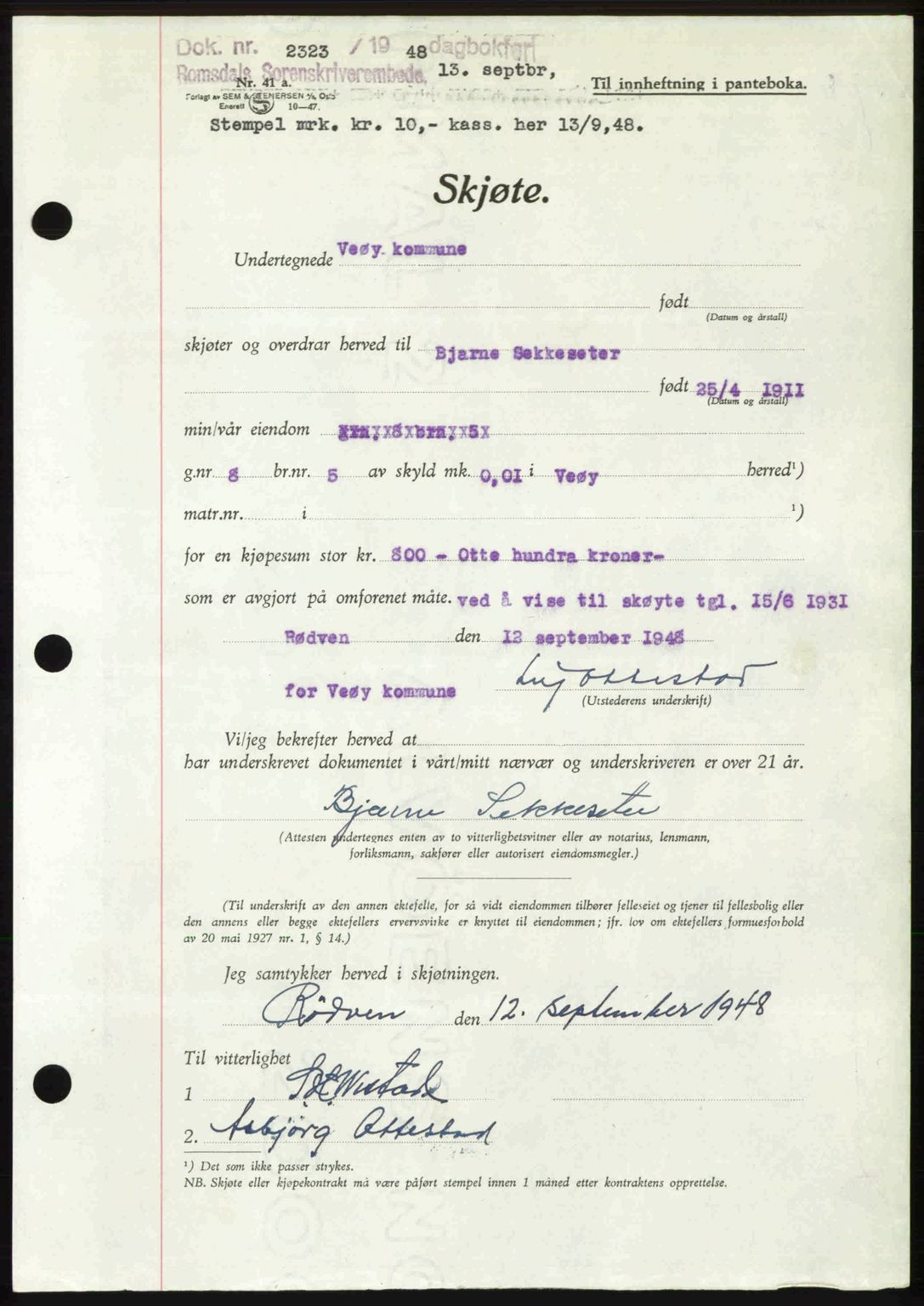 Romsdal sorenskriveri, AV/SAT-A-4149/1/2/2C: Mortgage book no. A27, 1948-1948, Diary no: : 2323/1948