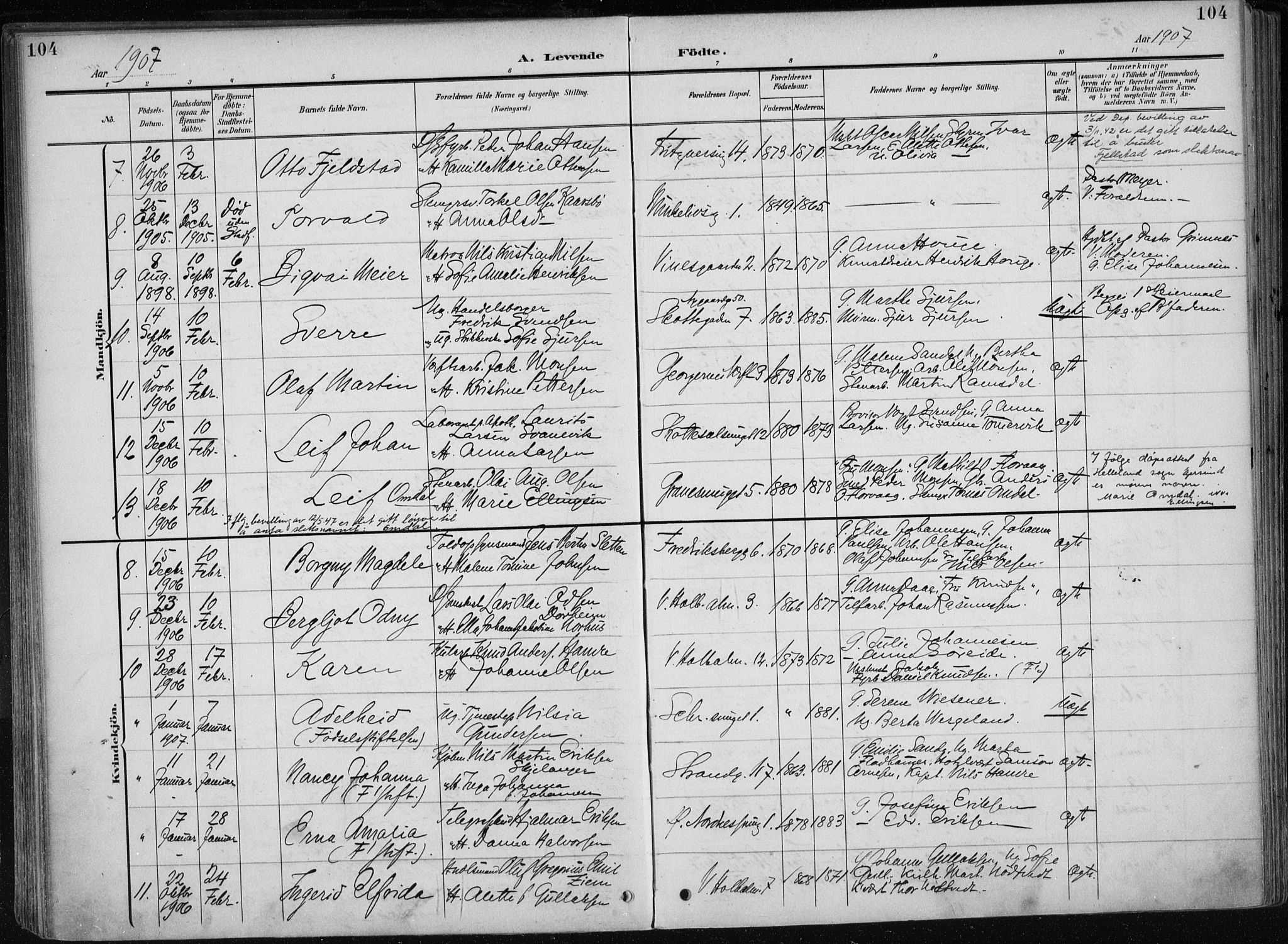 Nykirken Sokneprestembete, AV/SAB-A-77101/H/Haa/L0019: Parish register (official) no. B 7, 1904-1916, p. 104