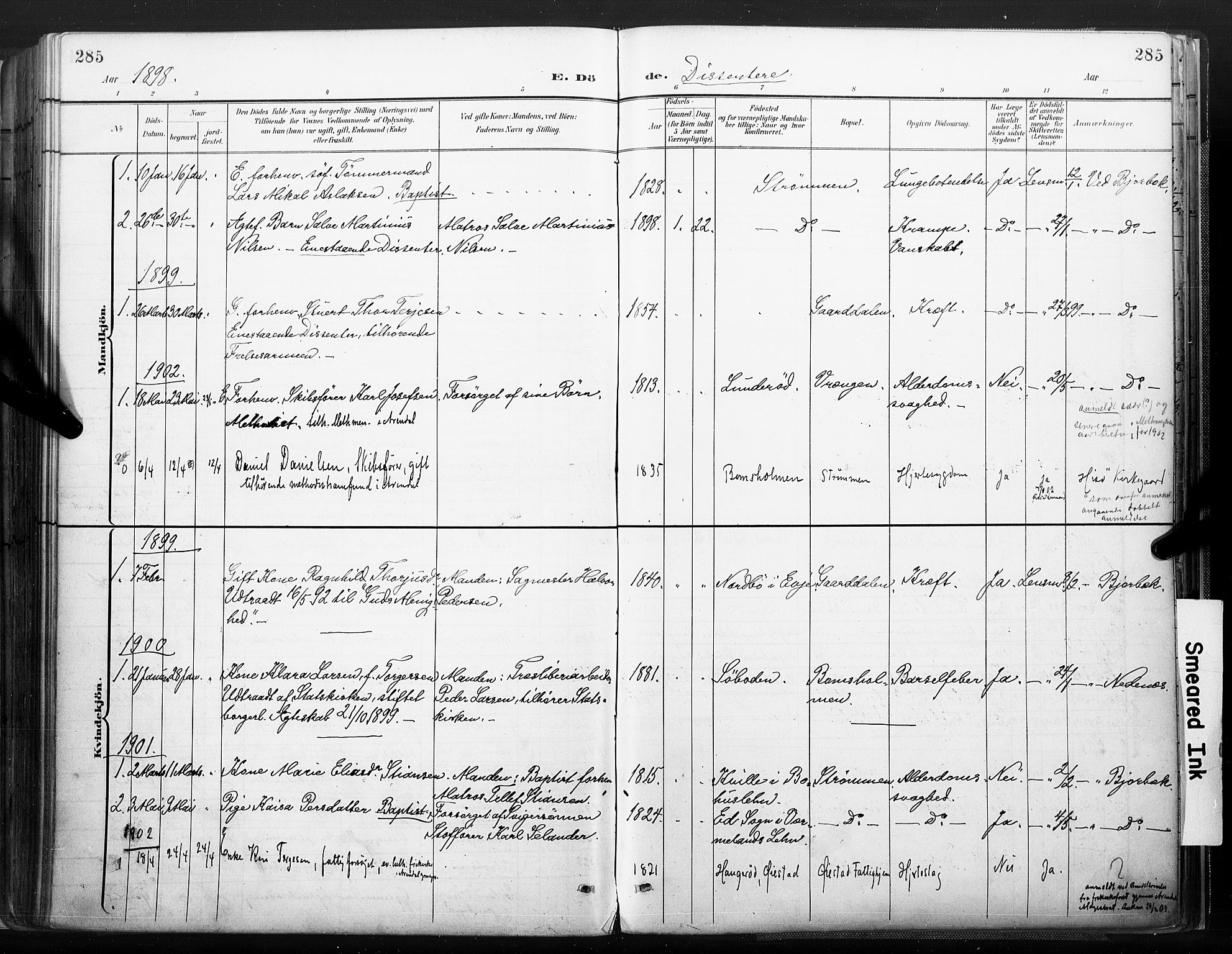 Øyestad sokneprestkontor, SAK/1111-0049/F/Fa/L0018: Parish register (official) no. A 18, 1897-1907, p. 285