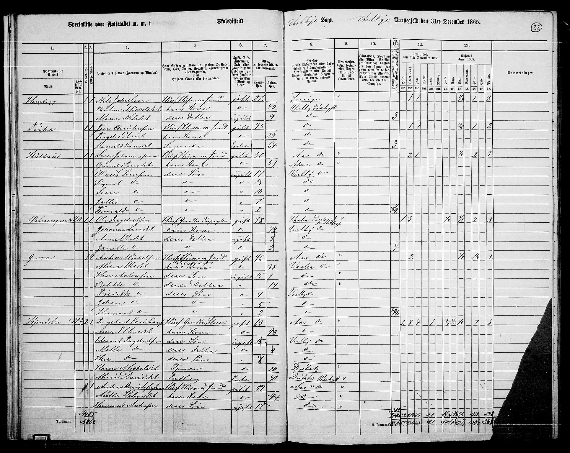 RA, 1865 census for Vestby, 1865, p. 21