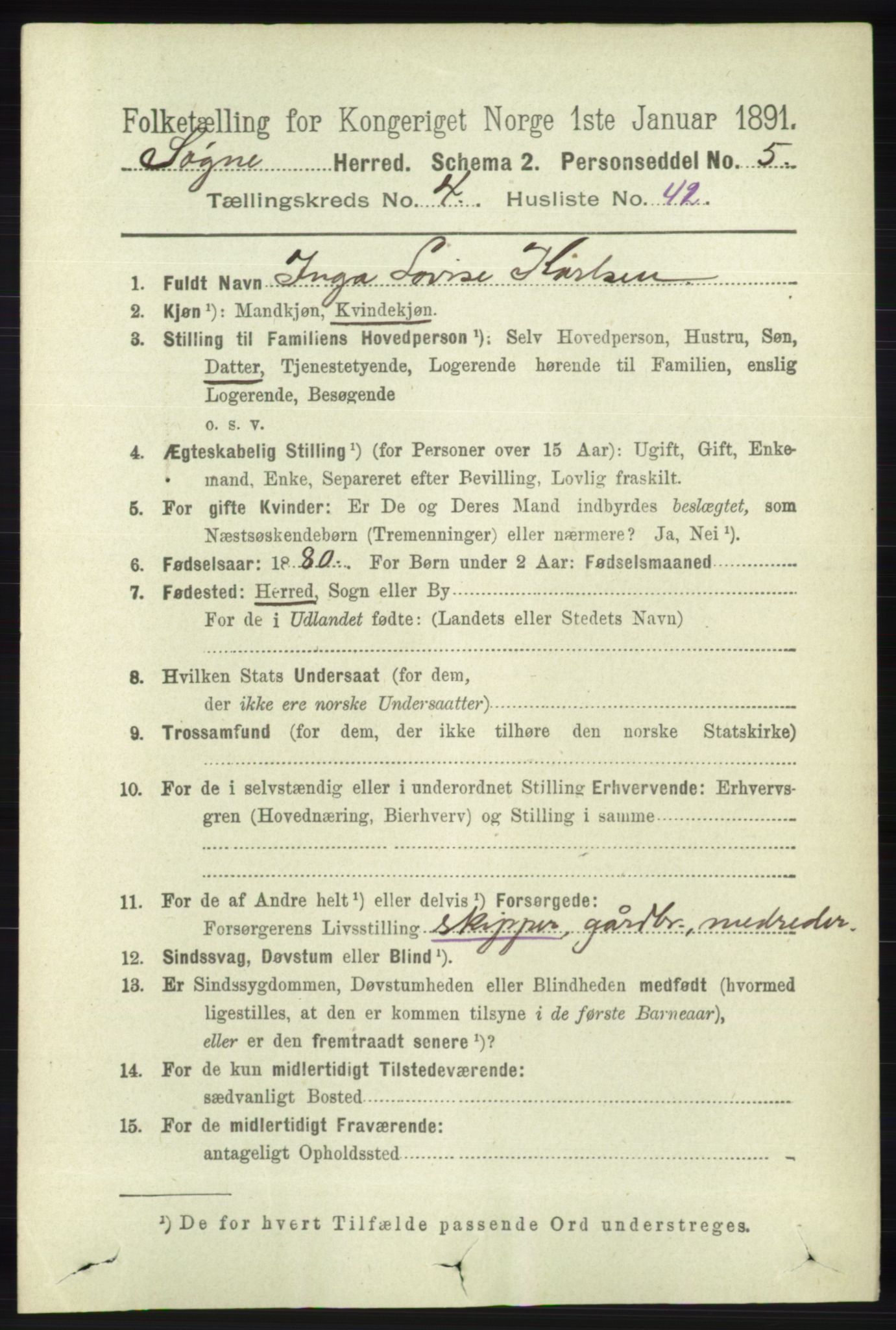 RA, 1891 census for 1018 Søgne, 1891, p. 821