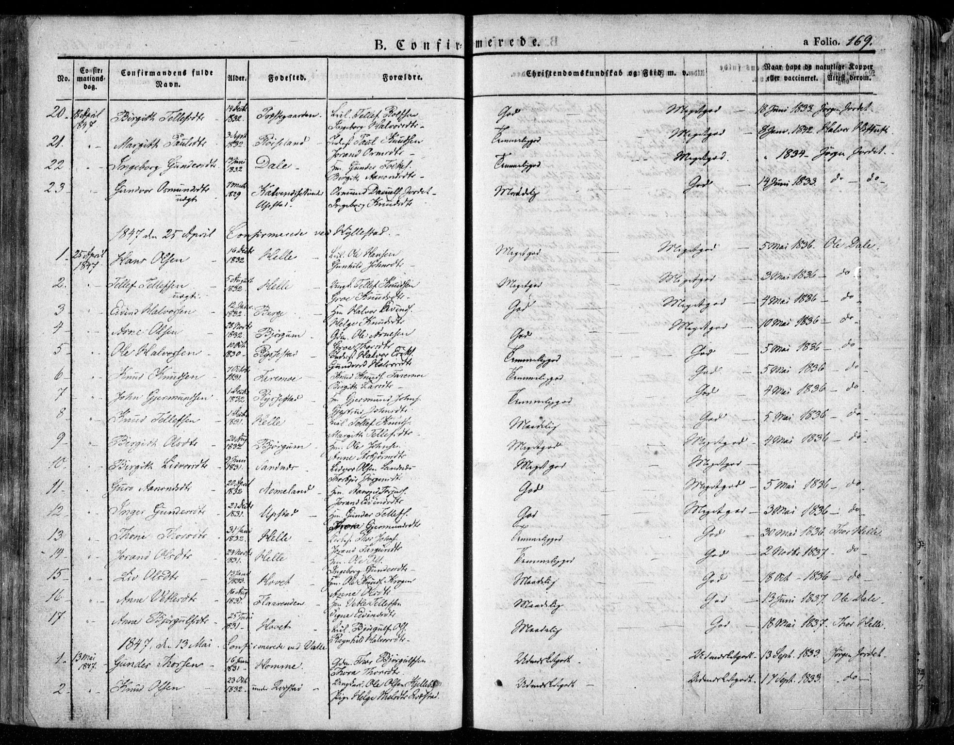 Valle sokneprestkontor, SAK/1111-0044/F/Fa/Fac/L0006: Parish register (official) no. A 6, 1831-1853, p. 169