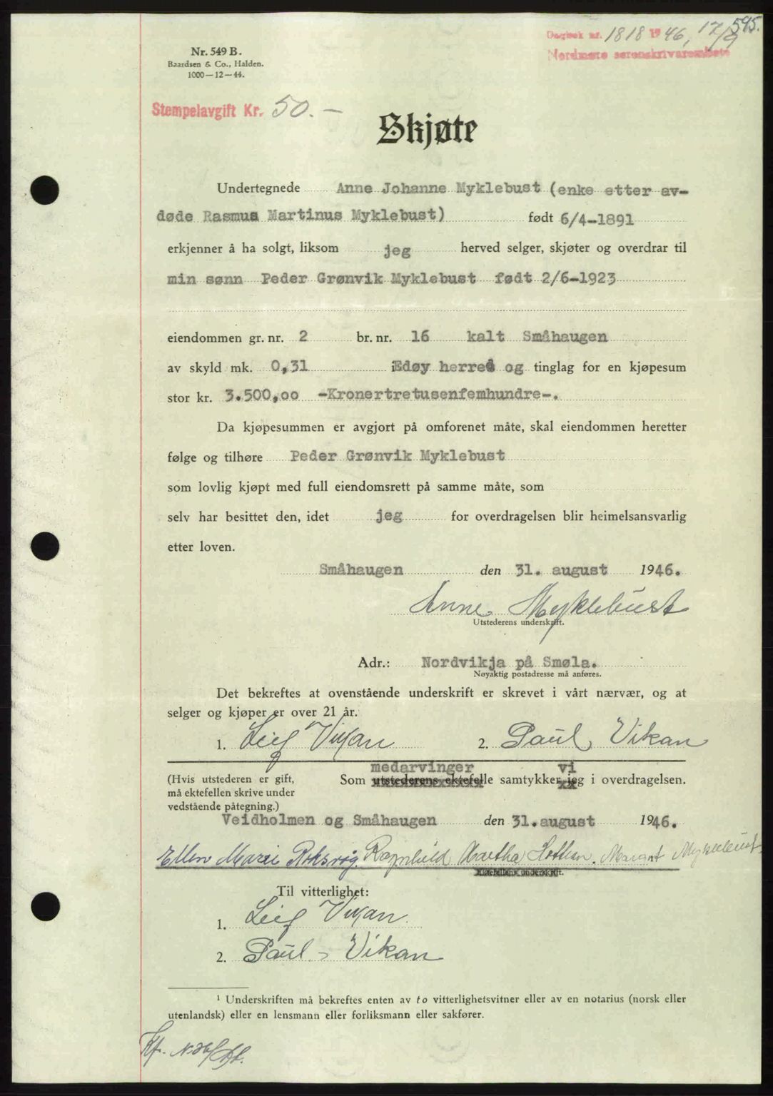 Nordmøre sorenskriveri, AV/SAT-A-4132/1/2/2Ca: Mortgage book no. A102, 1946-1946, Diary no: : 1818/1946