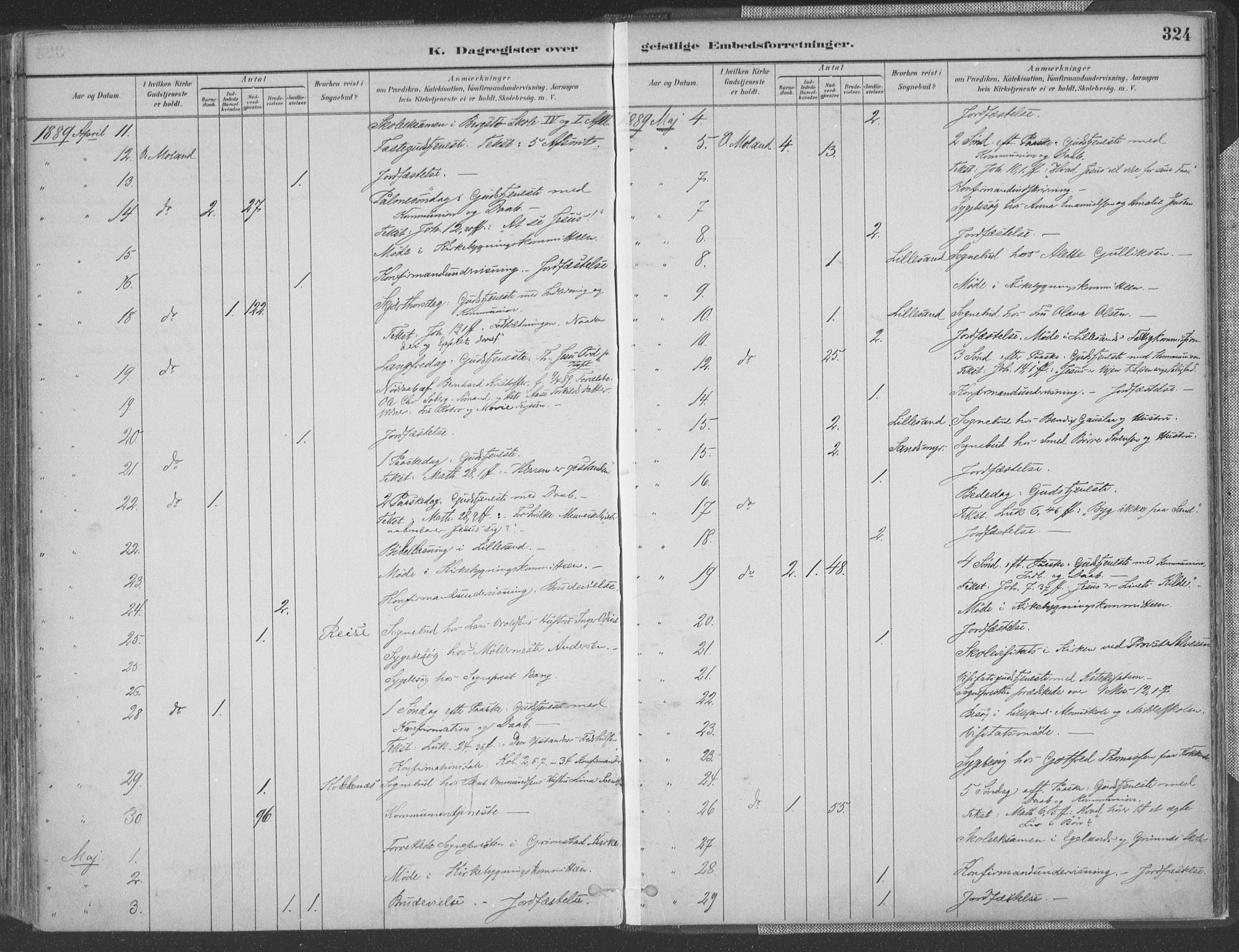 Vestre Moland sokneprestkontor, AV/SAK-1111-0046/F/Fa/Fab/L0009: Parish register (official) no. A 9, 1884-1899, p. 324