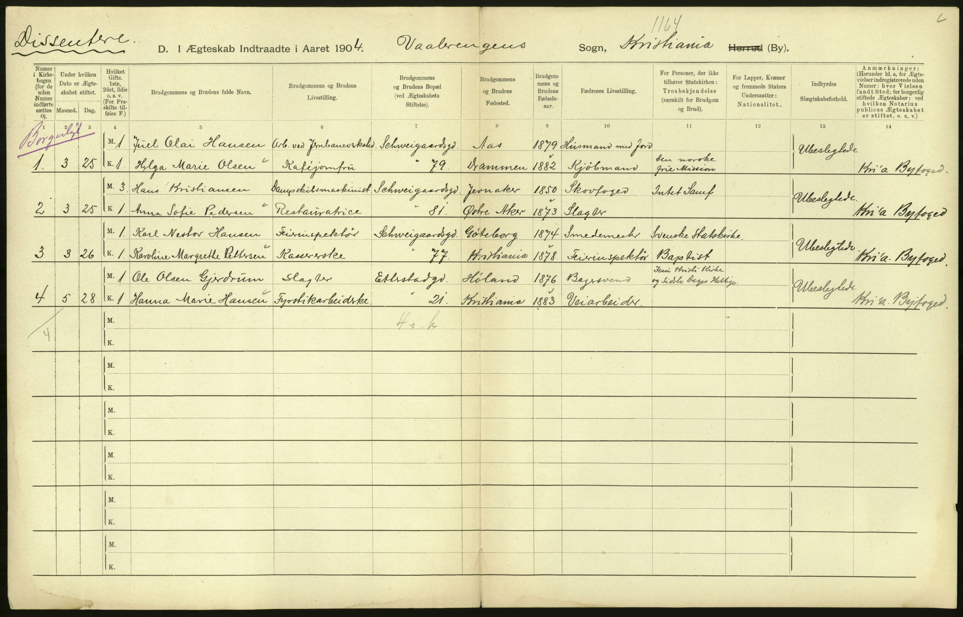 Statistisk sentralbyrå, Sosiodemografiske emner, Befolkning, AV/RA-S-2228/D/Df/Dfa/Dfab/L0004: Kristiania: Gifte, døde, 1904, p. 4