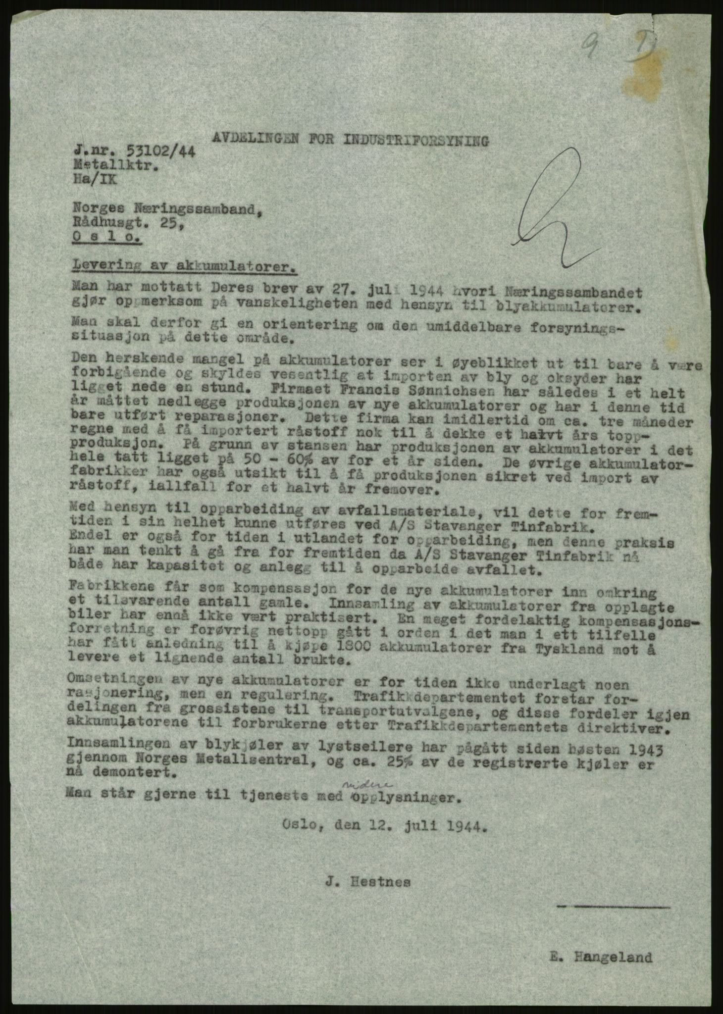 Direktoratet for industriforsyning, Sekretariatet, AV/RA-S-4153/D/Df/L0054: 9. Metallkontoret, 1940-1945, p. 395