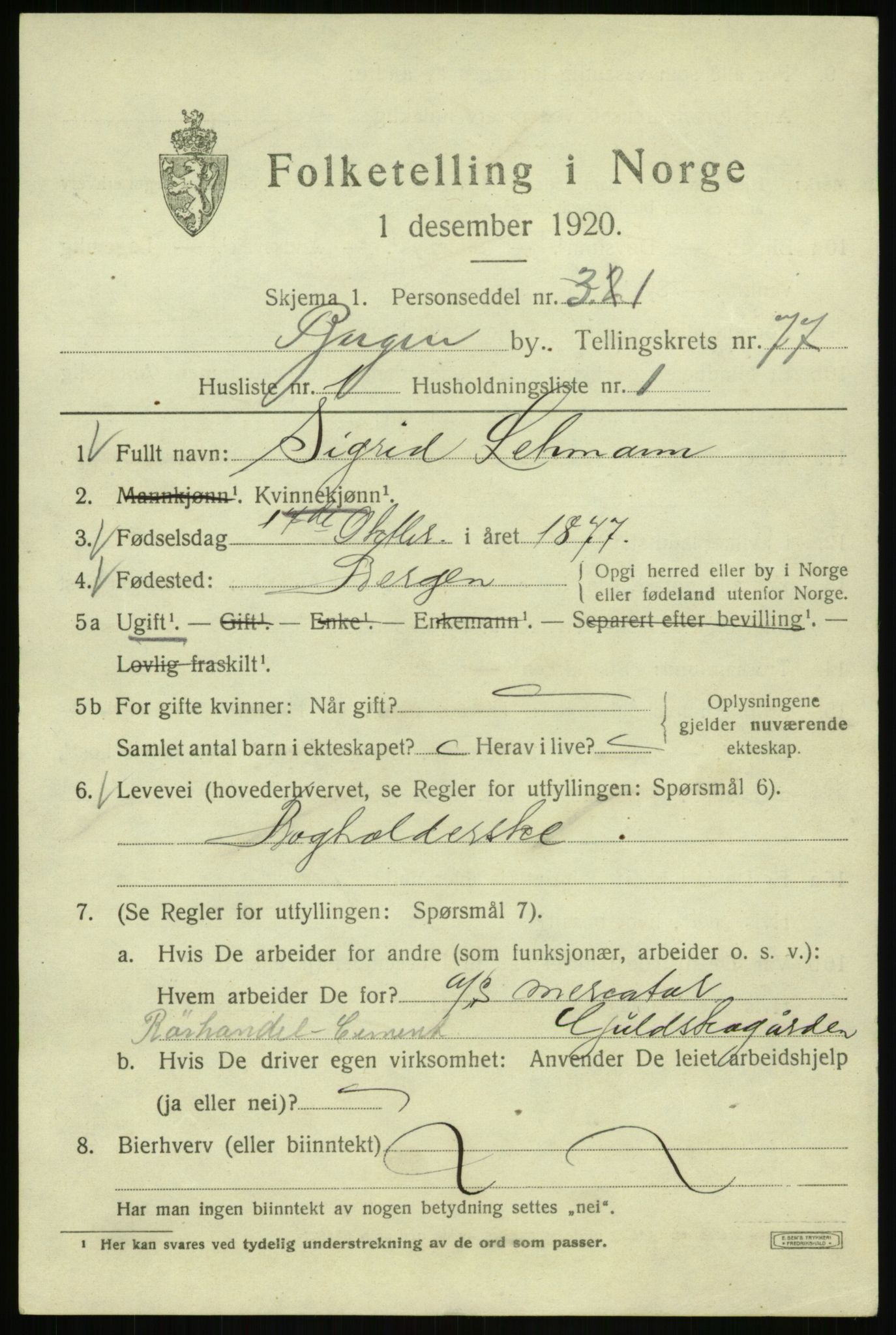 SAB, 1920 census for Bergen, 1920, p. 147672