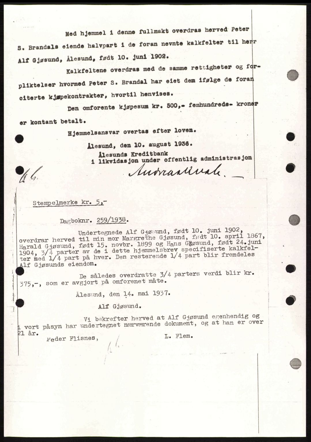 Nordre Sunnmøre sorenskriveri, AV/SAT-A-0006/1/2/2C/2Ca: Mortgage book no. A4, 1937-1938, Diary no: : 256/1938