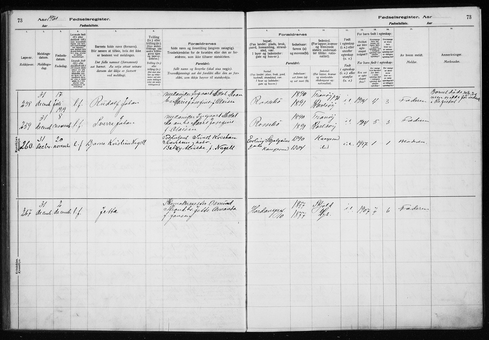 Haugesund sokneprestkontor, AV/SAST-A -101863/I/Id/L0004: Birth register no. 2, 1919-1923, p. 73