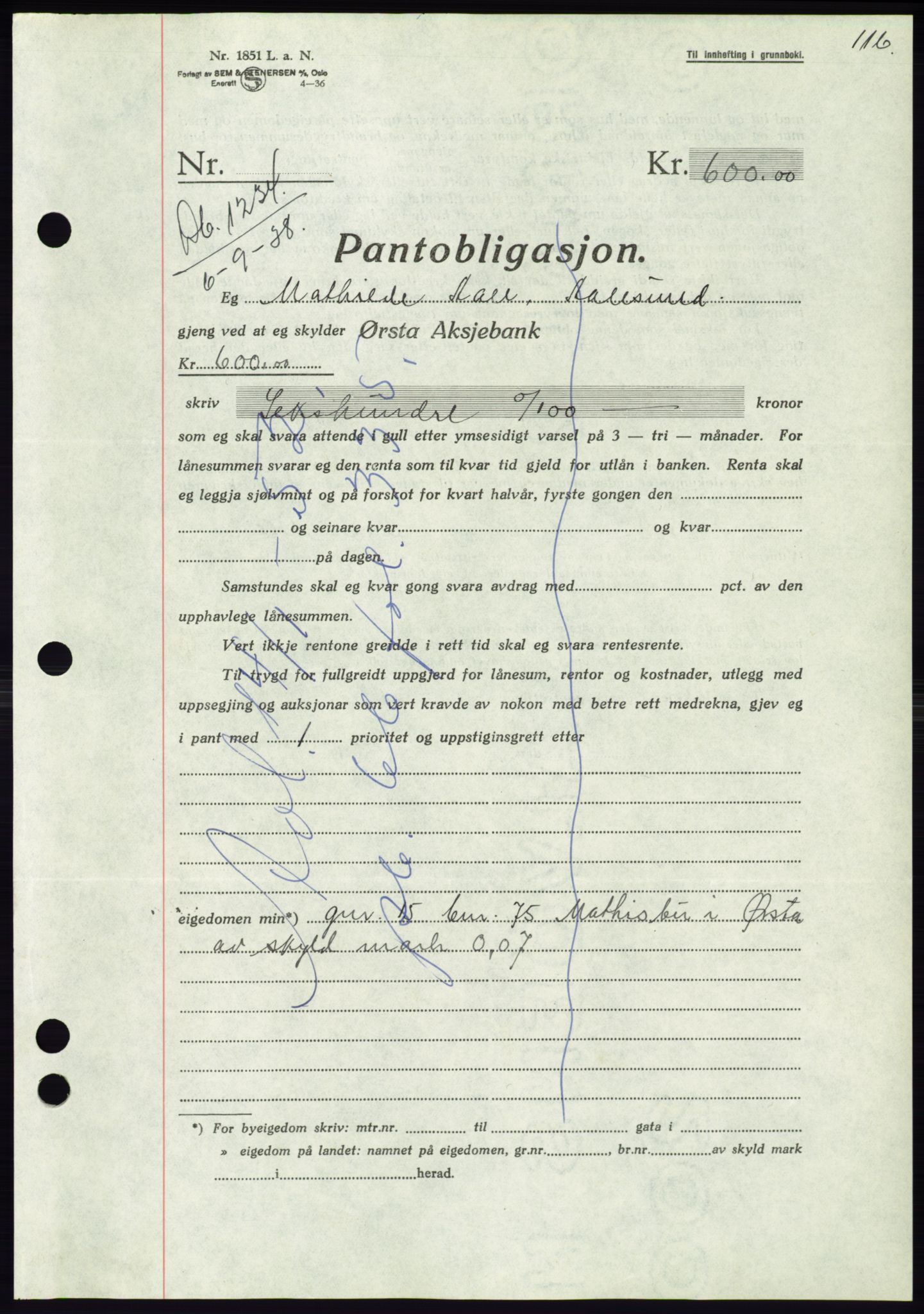 Søre Sunnmøre sorenskriveri, AV/SAT-A-4122/1/2/2C/L0066: Mortgage book no. 60, 1938-1938, Diary no: : 1234/1938