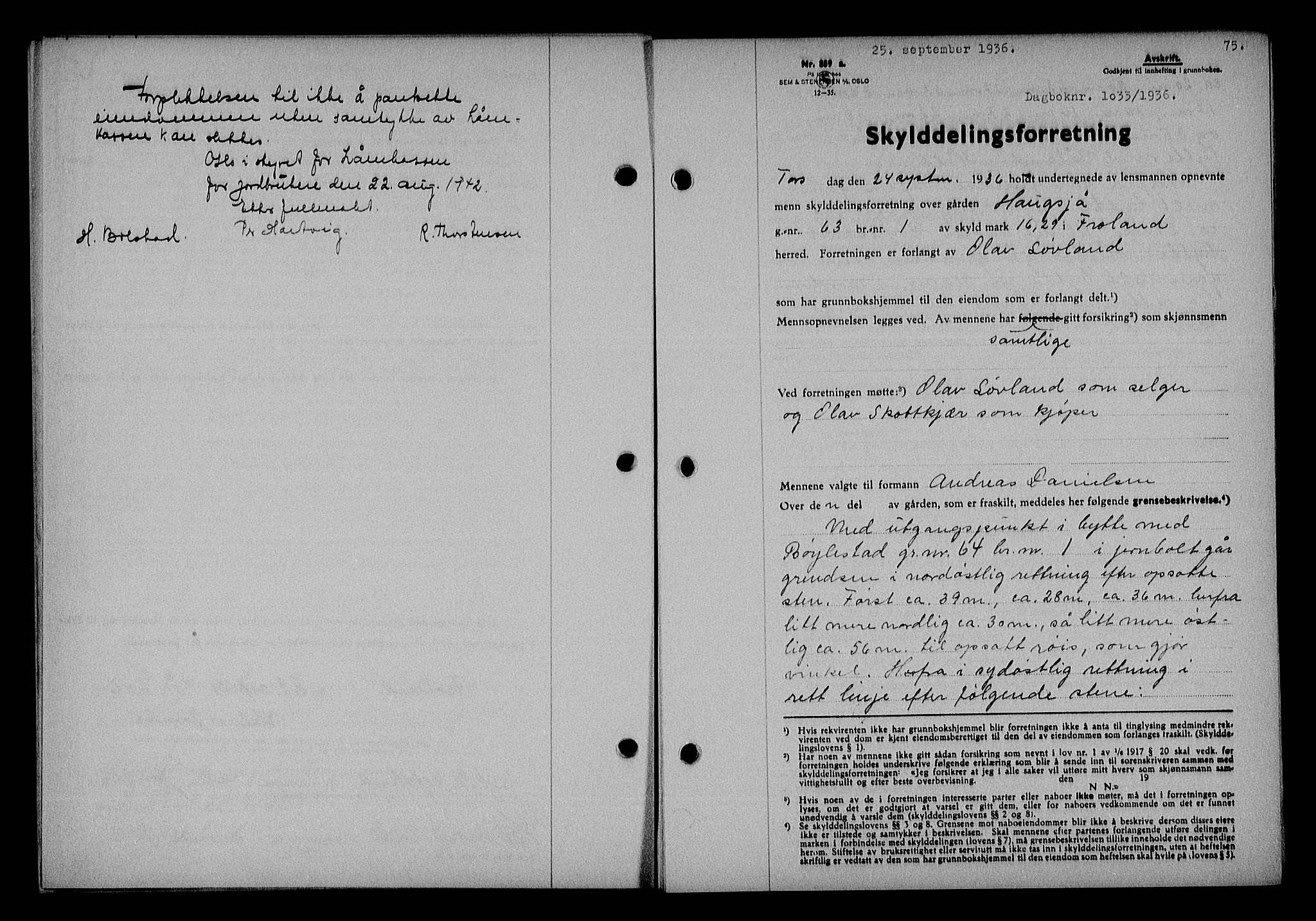 Nedenes sorenskriveri, SAK/1221-0006/G/Gb/Gba/L0043: Mortgage book no. 39, 1936-1937, Diary no: : 1033/1936