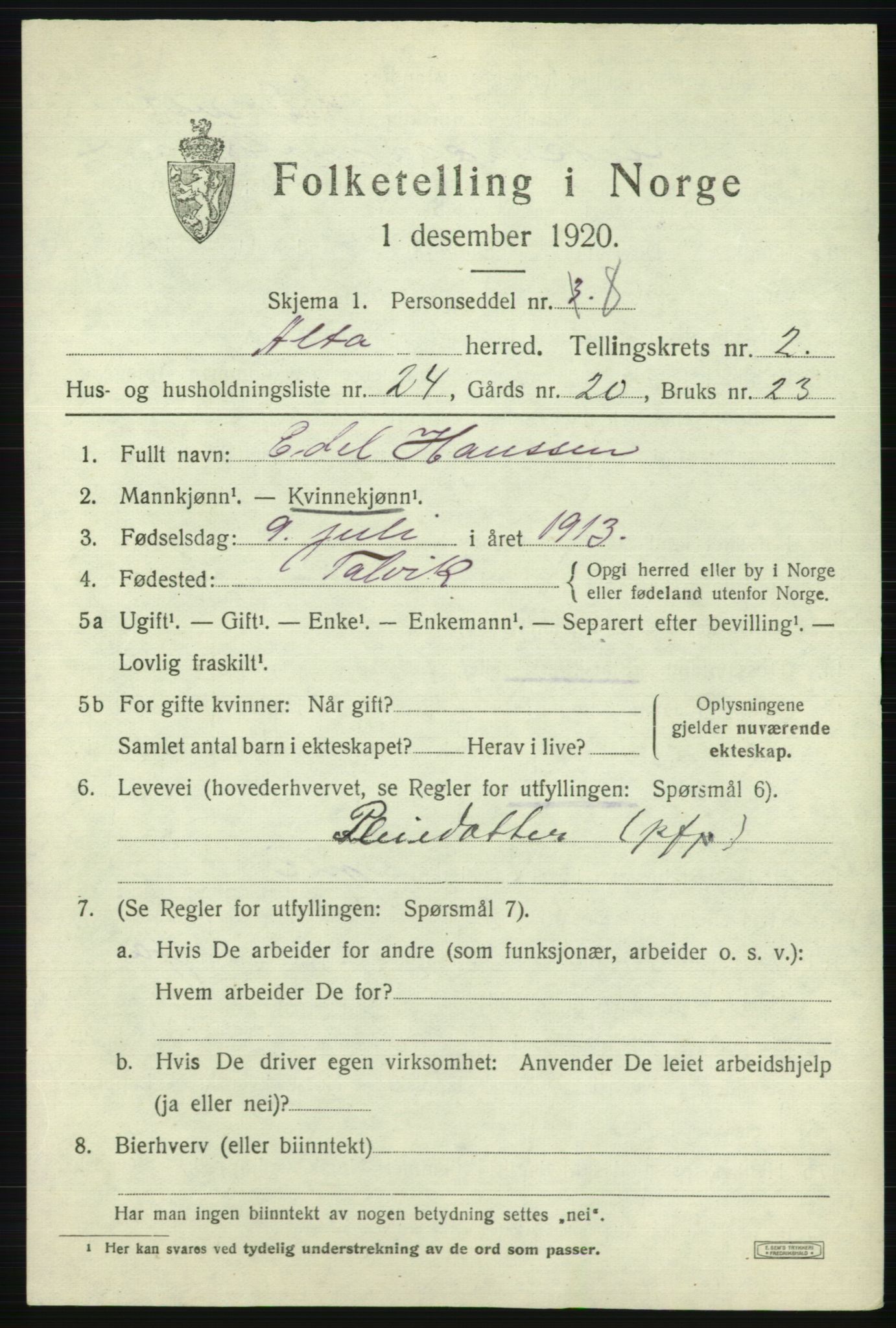 SATØ, 1920 census for Alta, 1920, p. 2269