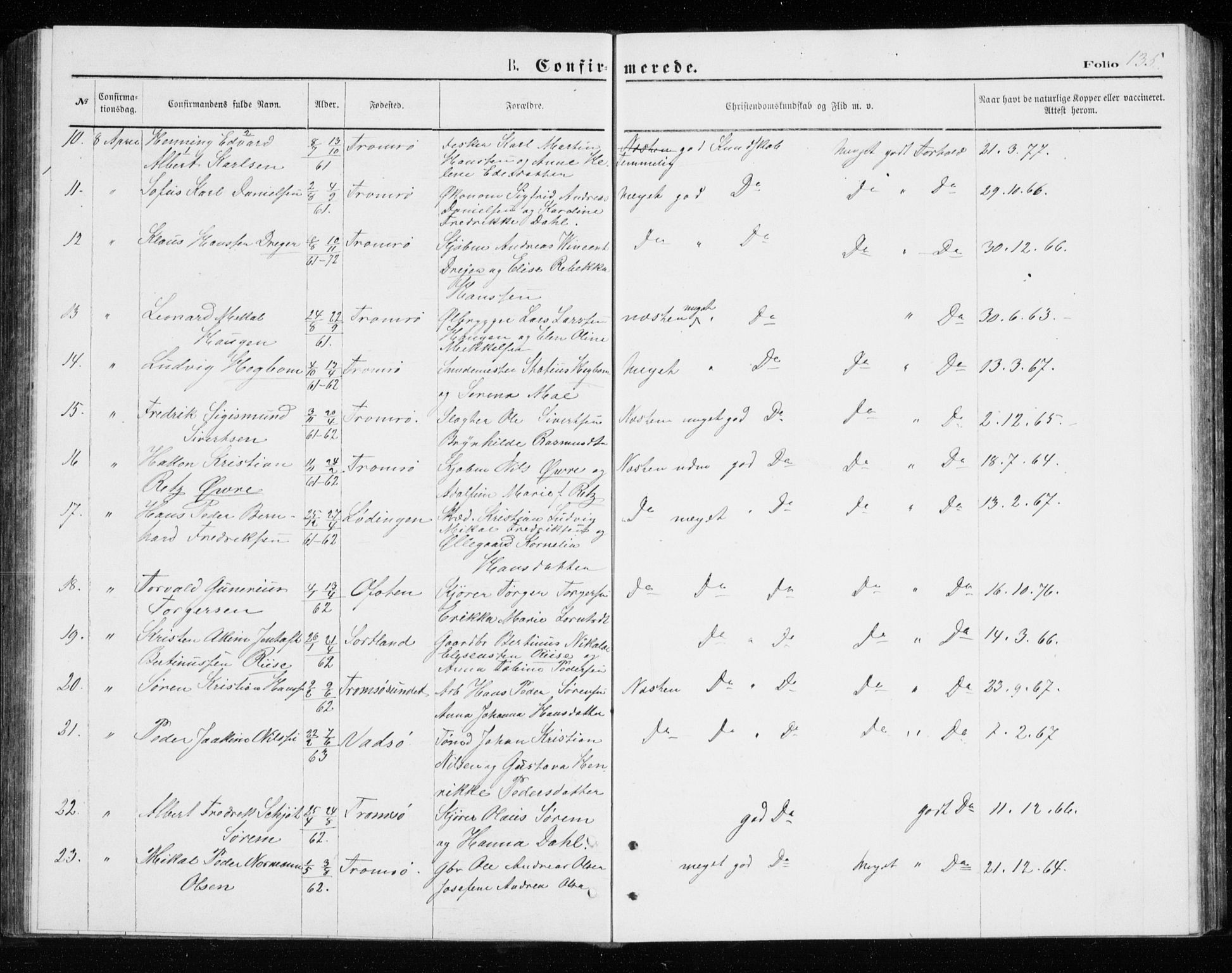 Tromsø sokneprestkontor/stiftsprosti/domprosti, AV/SATØ-S-1343/G/Gb/L0008klokker: Parish register (copy) no. 8, 1875-1879, p. 135