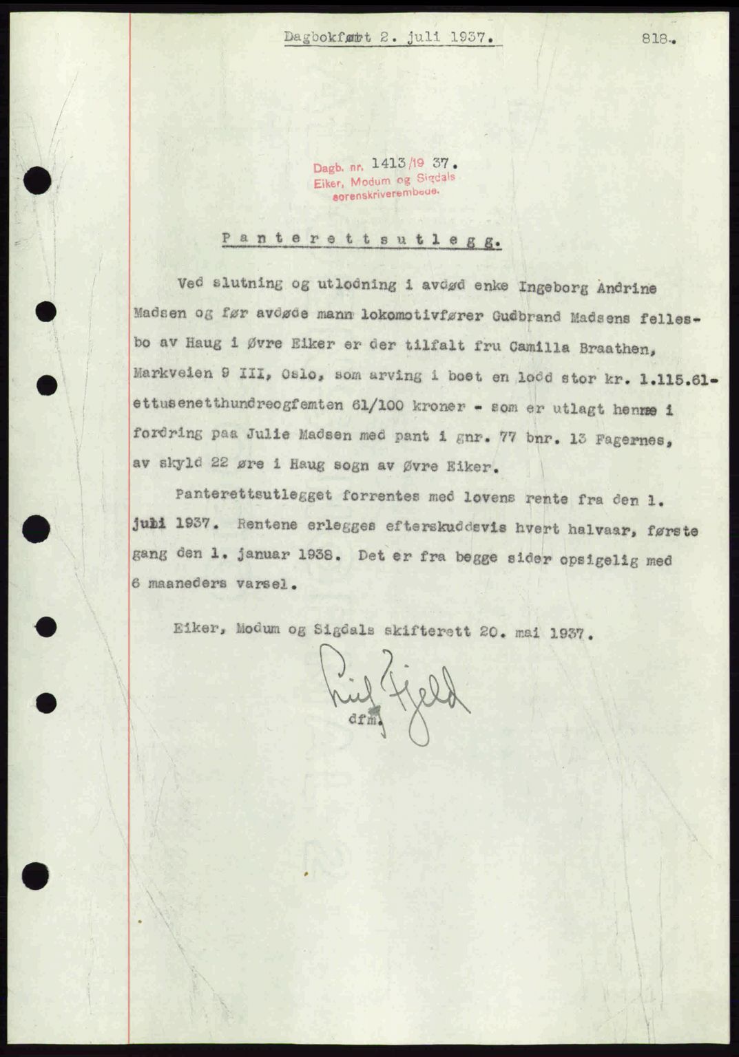 Eiker, Modum og Sigdal sorenskriveri, SAKO/A-123/G/Ga/Gab/L0035: Mortgage book no. A5, 1937-1937, Diary no: : 1413/1937