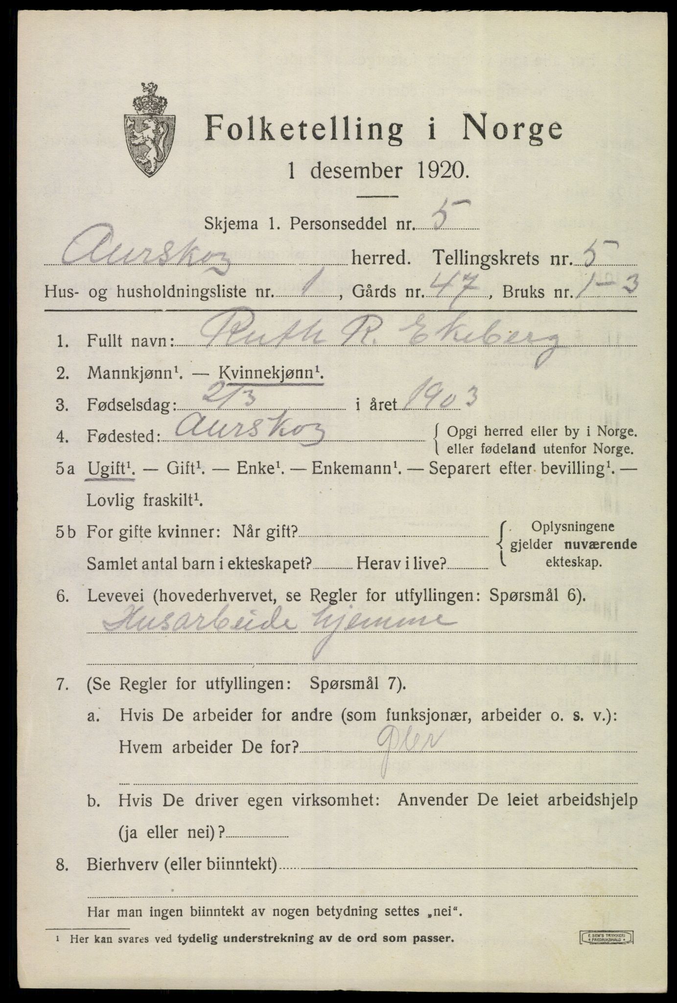 SAO, 1920 census for Aurskog, 1920, p. 6530