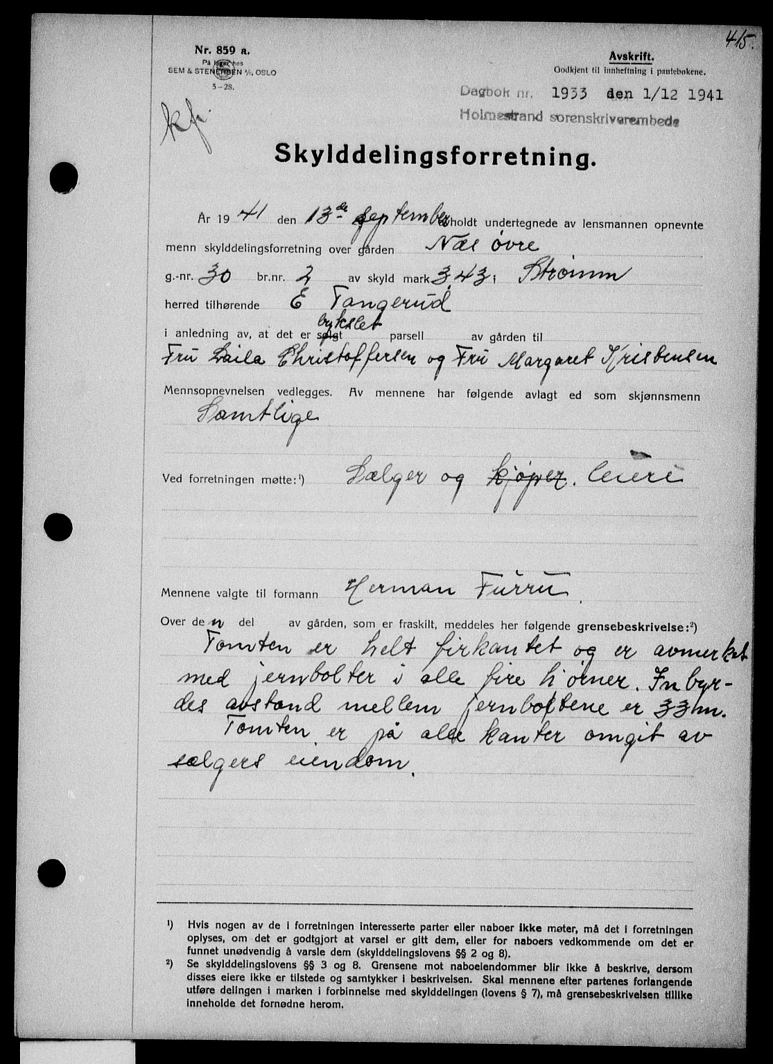 Holmestrand sorenskriveri, SAKO/A-67/G/Ga/Gaa/L0054: Mortgage book no. A-54, 1941-1942, Diary no: : 1933/1941