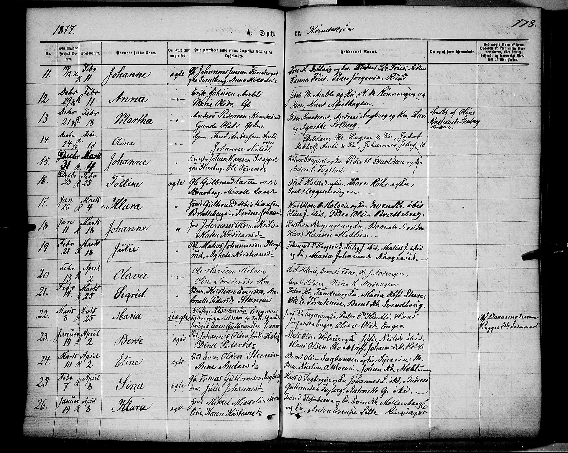 Ringsaker prestekontor, AV/SAH-PREST-014/K/Ka/L0011: Parish register (official) no. 11, 1870-1878, p. 178