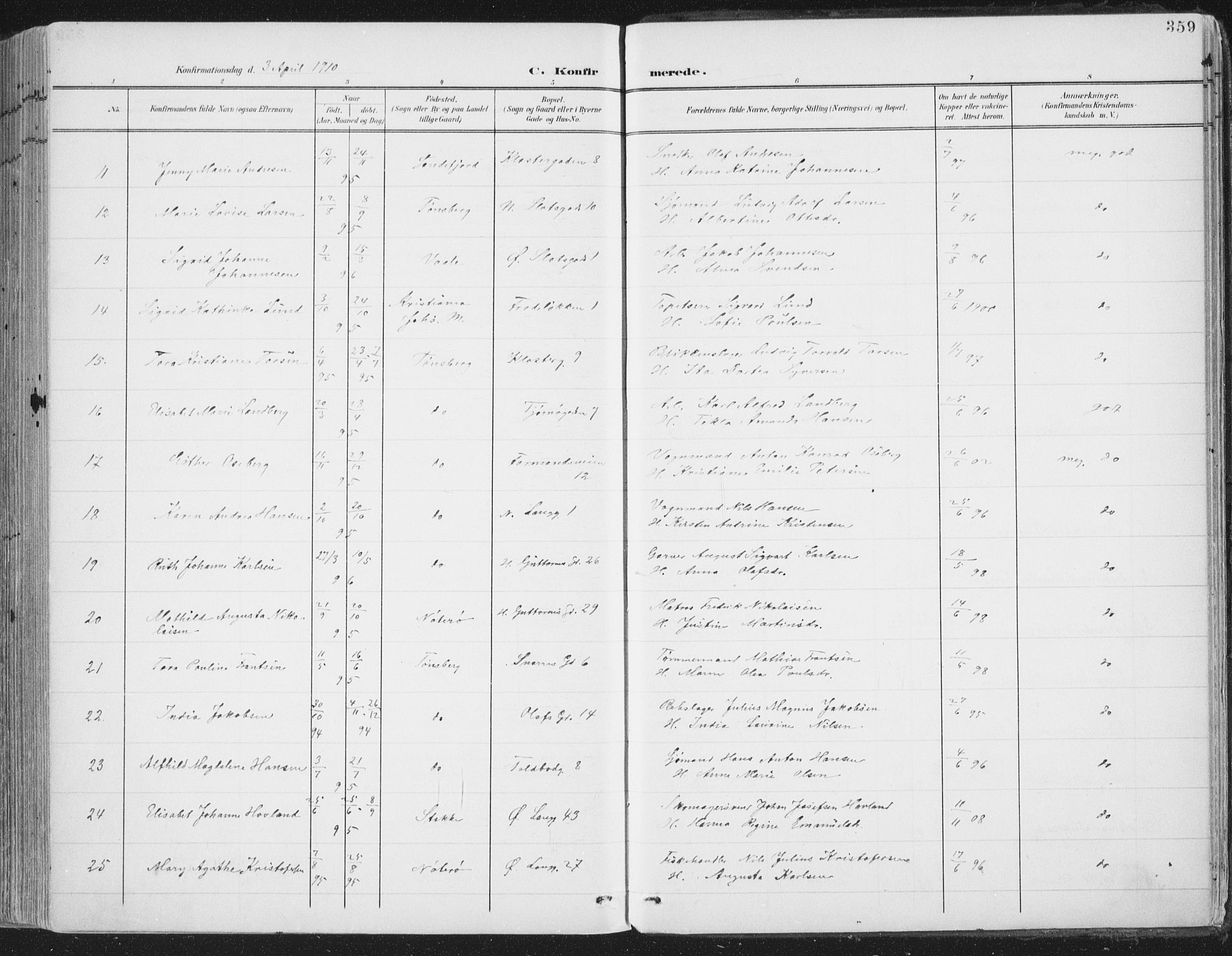 Tønsberg kirkebøker, AV/SAKO-A-330/F/Fa/L0014: Parish register (official) no. I 14, 1900-1913, p. 359