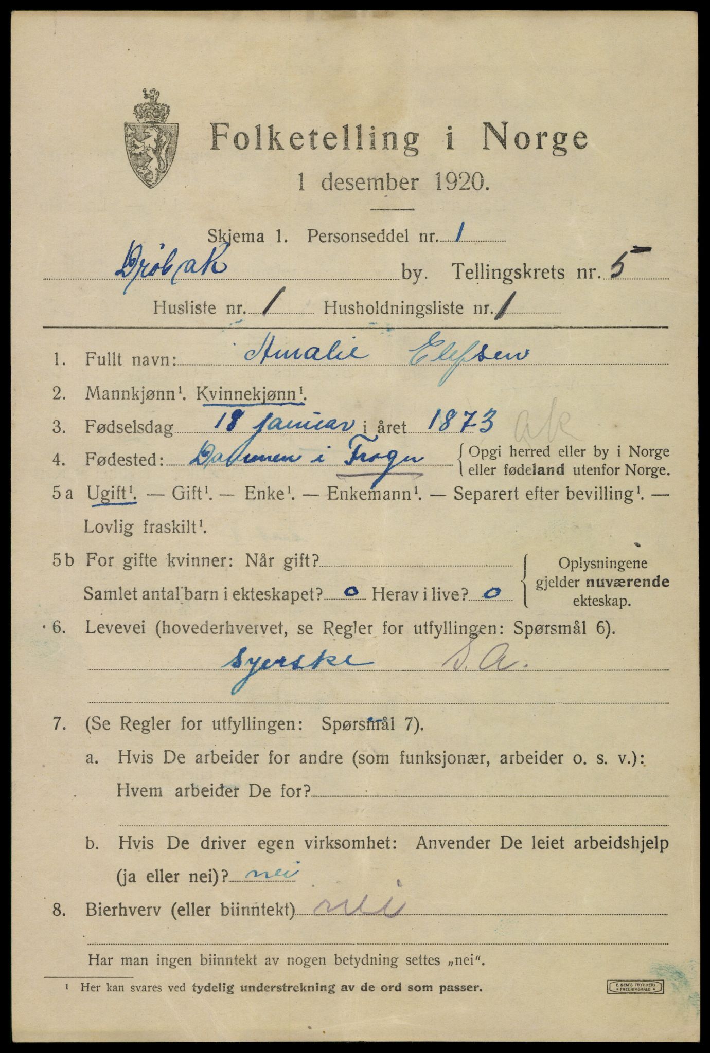 SAO, 1920 census for Drøbak, 1920, p. 4499