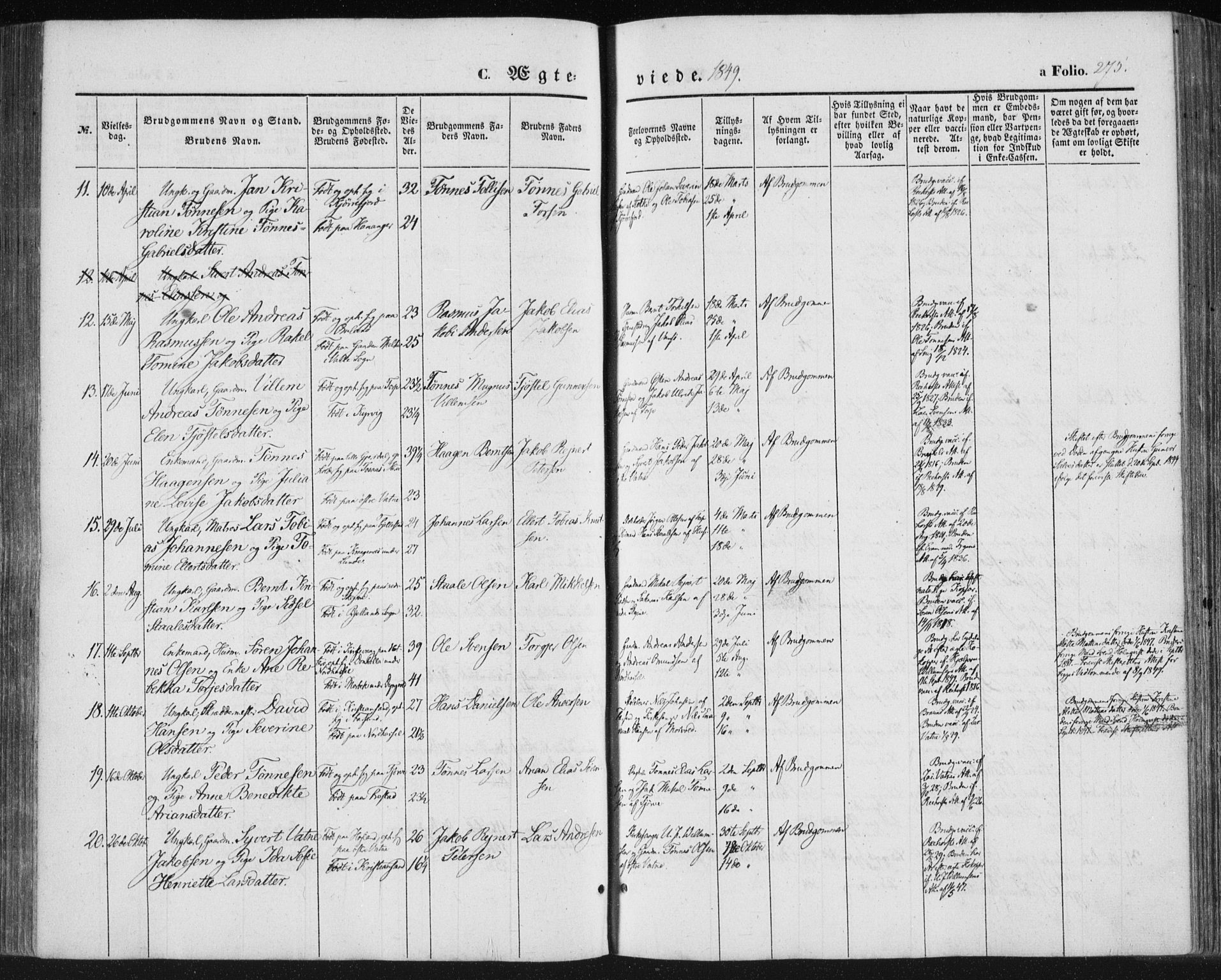 Lista sokneprestkontor, AV/SAK-1111-0027/F/Fa/L0010: Parish register (official) no. A 10, 1846-1861, p. 275