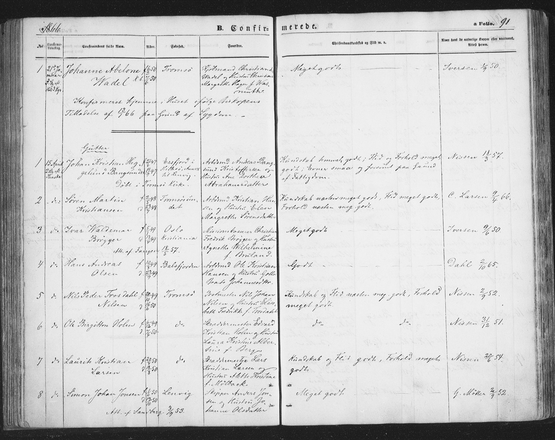 Tromsø sokneprestkontor/stiftsprosti/domprosti, SATØ/S-1343/G/Ga/L0012kirke: Parish register (official) no. 12, 1865-1871, p. 91