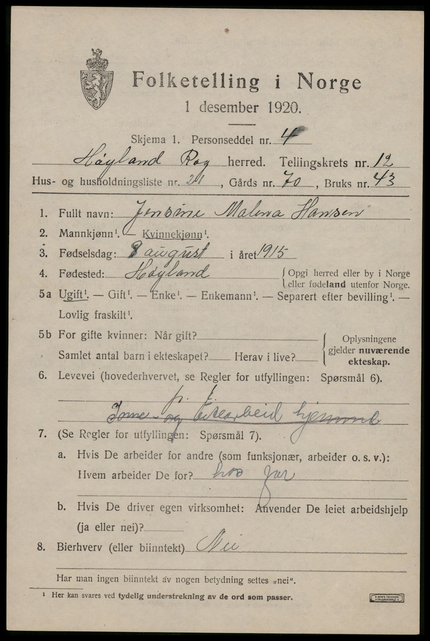 SAST, 1920 census for Høyland, 1920, p. 9570