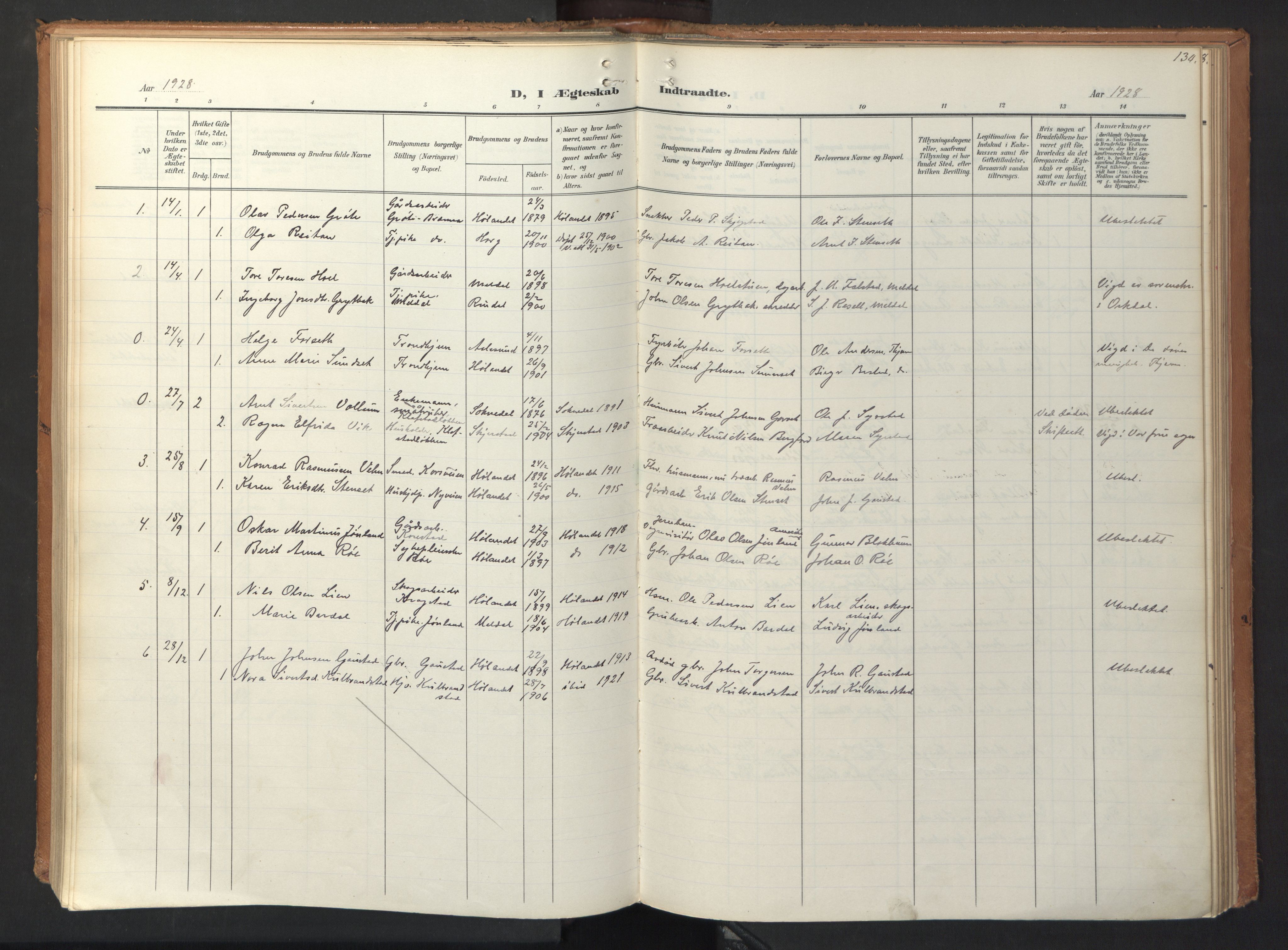 Ministerialprotokoller, klokkerbøker og fødselsregistre - Sør-Trøndelag, SAT/A-1456/694/L1128: Parish register (official) no. 694A02, 1906-1931, p. 130