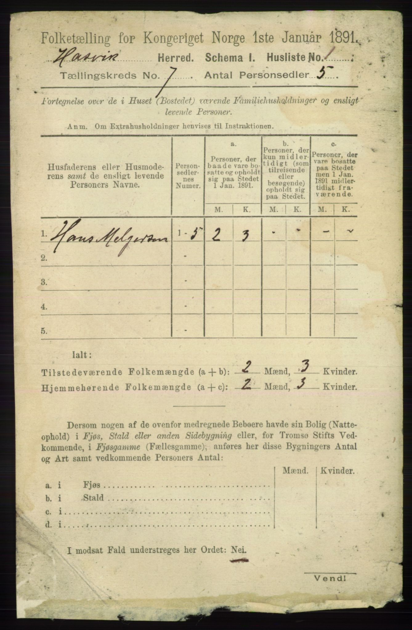 RA, 1891 census for 2015 Hasvik, 1891, p. 962