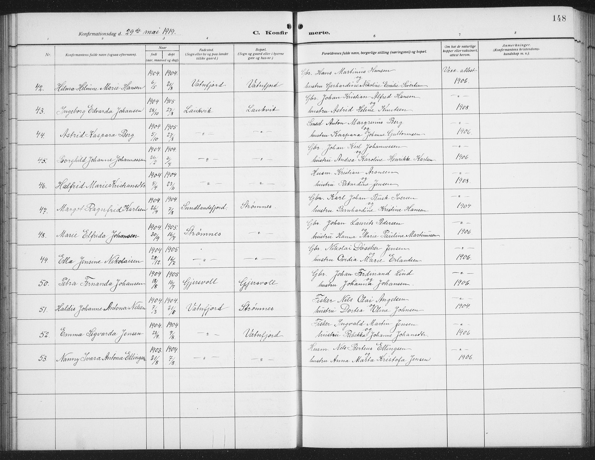 Ministerialprotokoller, klokkerbøker og fødselsregistre - Nordland, AV/SAT-A-1459/876/L1106: Parish register (copy) no. 876C05, 1915-1942, p. 148