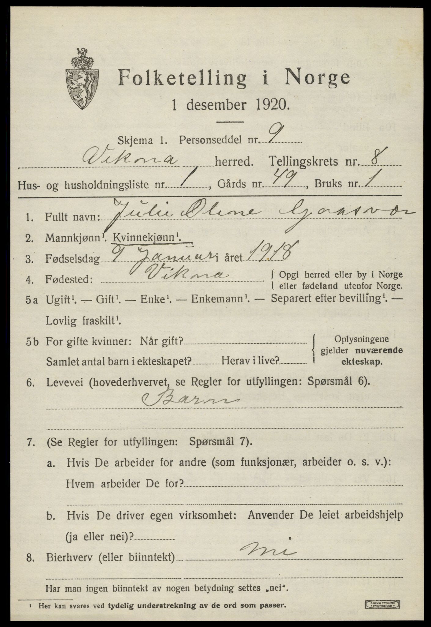 SAT, 1920 census for Vikna, 1920, p. 6003