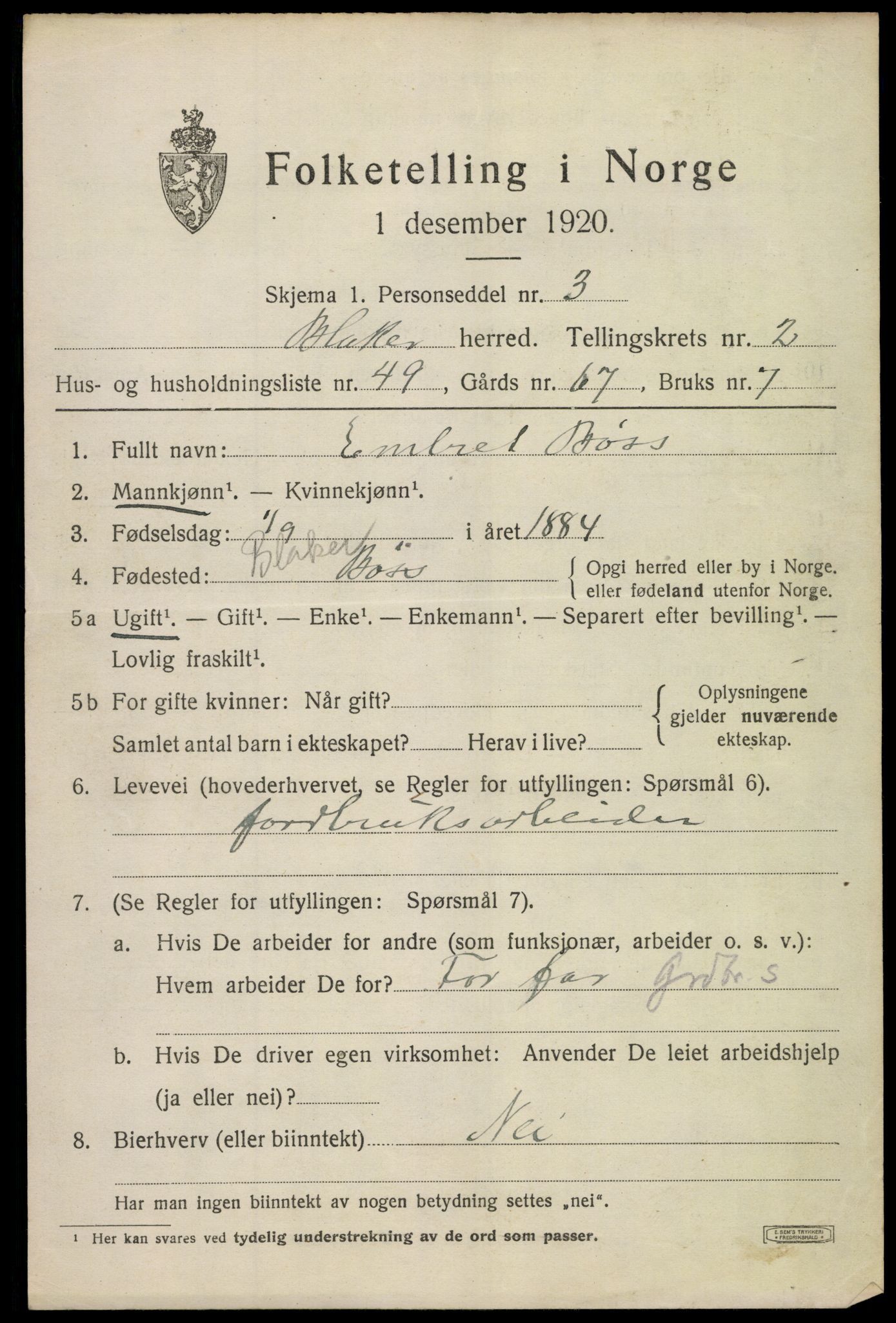 SAO, 1920 census for Blaker, 1920, p. 1995