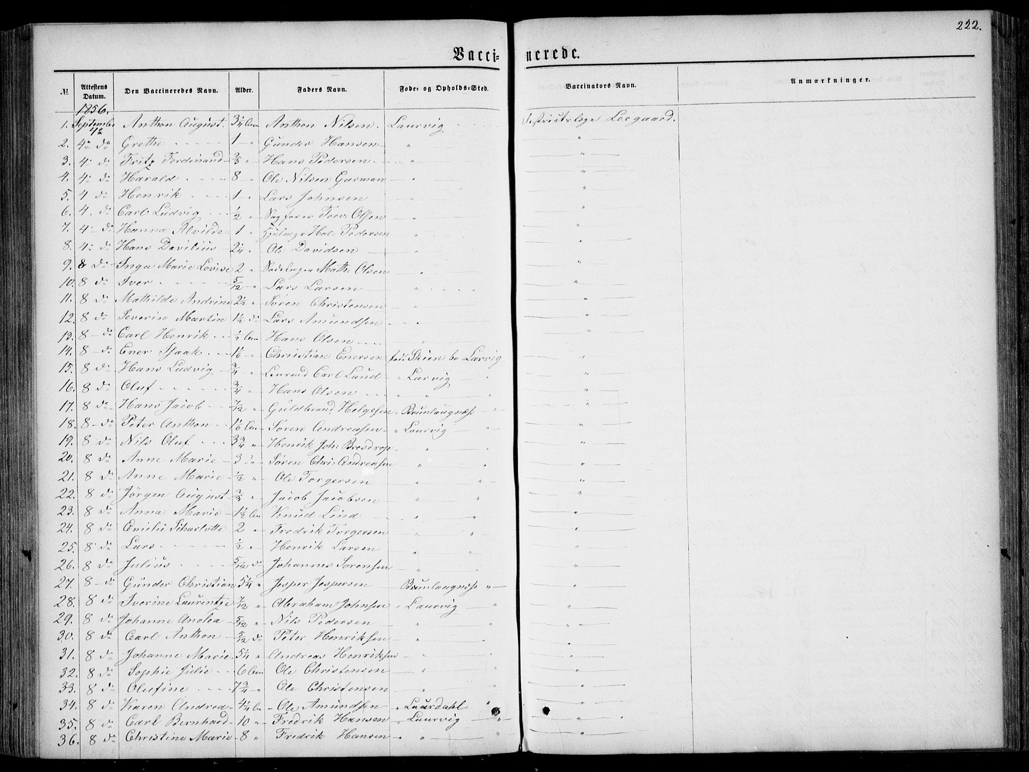 Larvik kirkebøker, SAKO/A-352/F/Fa/L0005: Parish register (official) no. I 5, 1856-1870, p. 222
