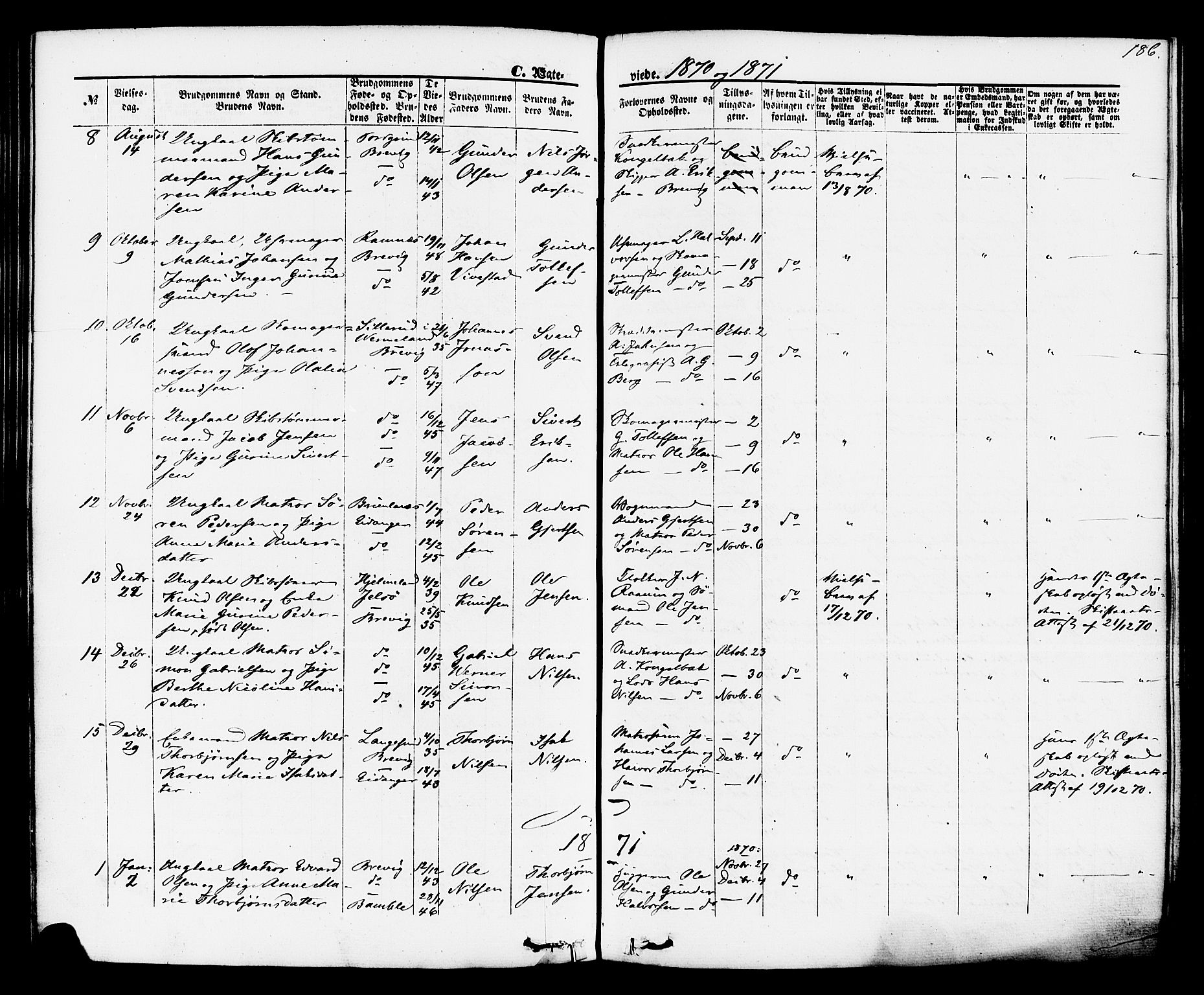 Brevik kirkebøker, SAKO/A-255/F/Fa/L0006: Parish register (official) no. 6, 1866-1881, p. 186