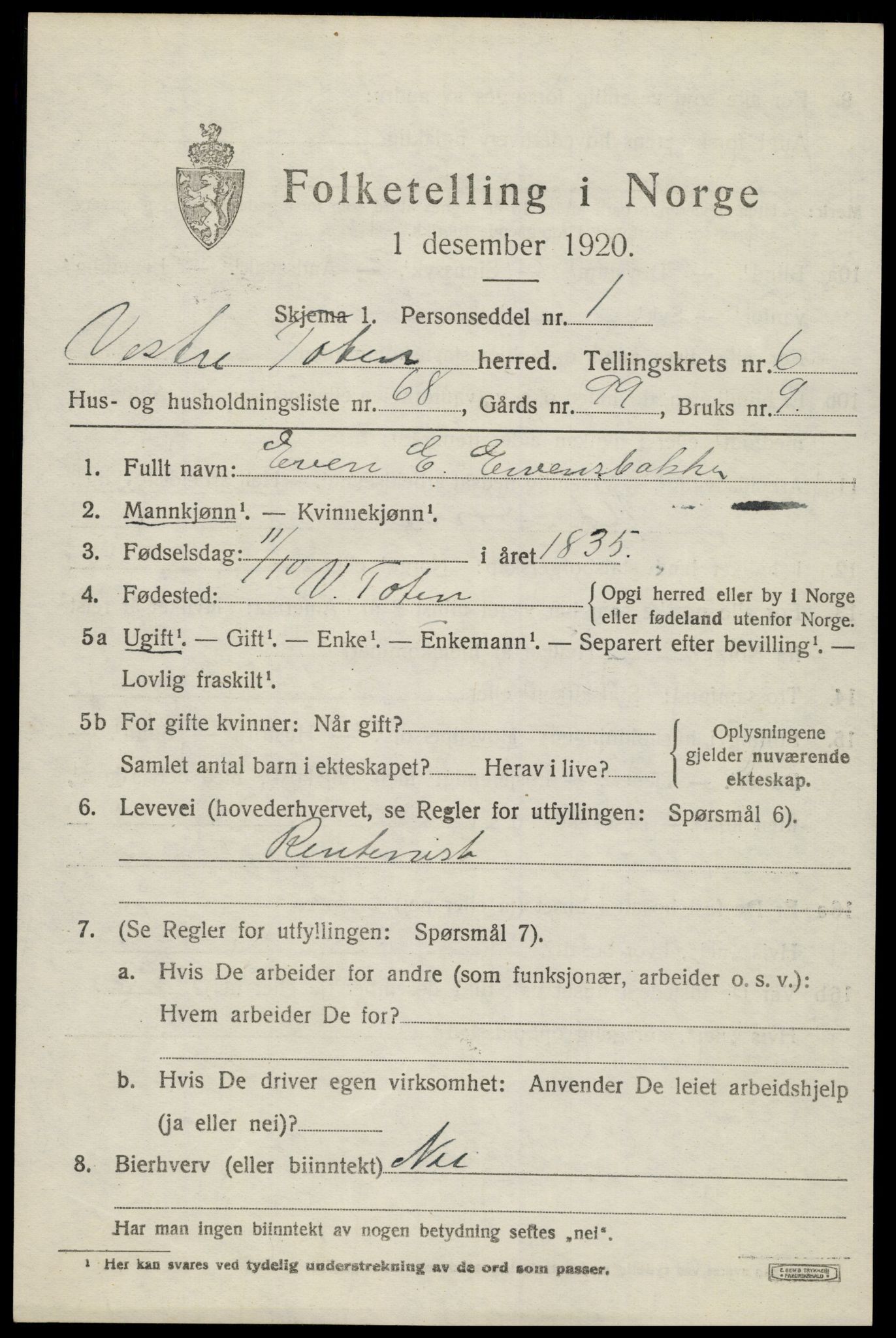 SAH, 1920 census for Vestre Toten, 1920, p. 8906