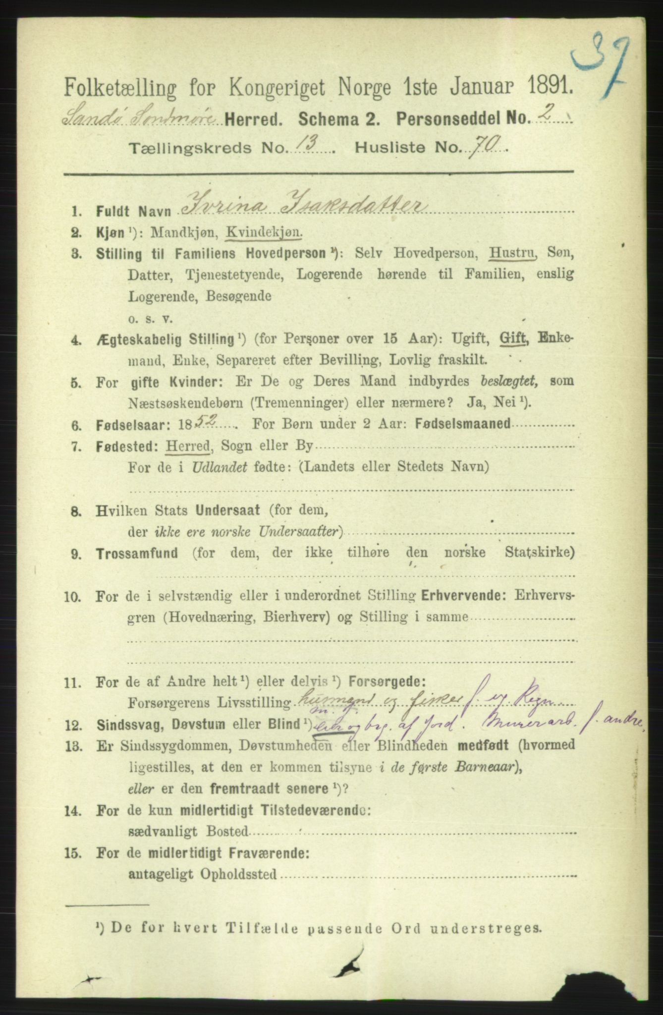 RA, 1891 census for 1514 Sande, 1891, p. 2824