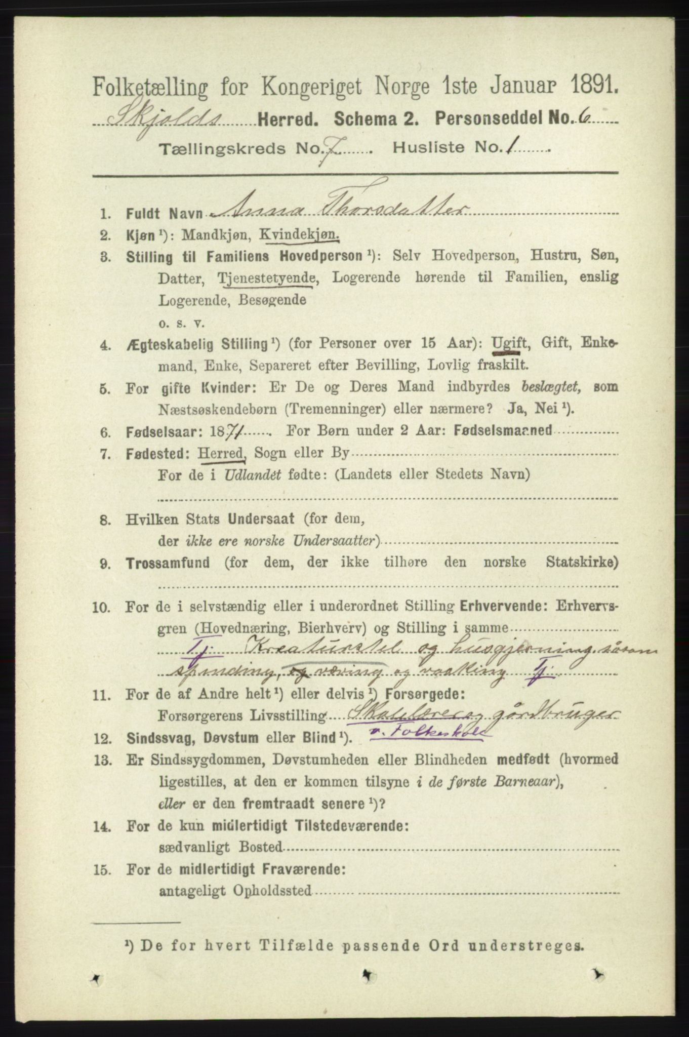 RA, 1891 census for 1154 Skjold, 1891, p. 1354