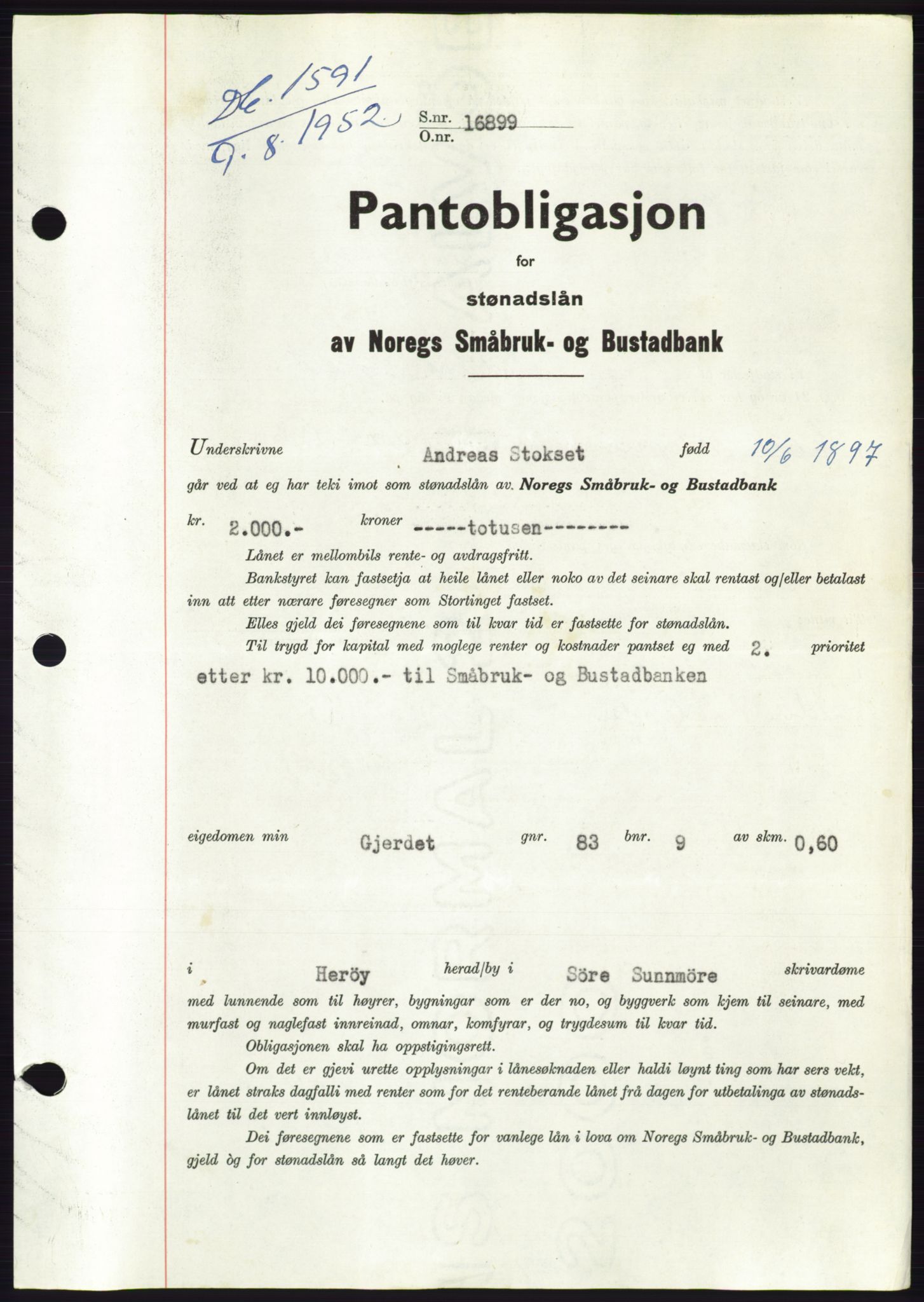 Søre Sunnmøre sorenskriveri, AV/SAT-A-4122/1/2/2C/L0121: Mortgage book no. 9B, 1951-1952, Diary no: : 1591/1952