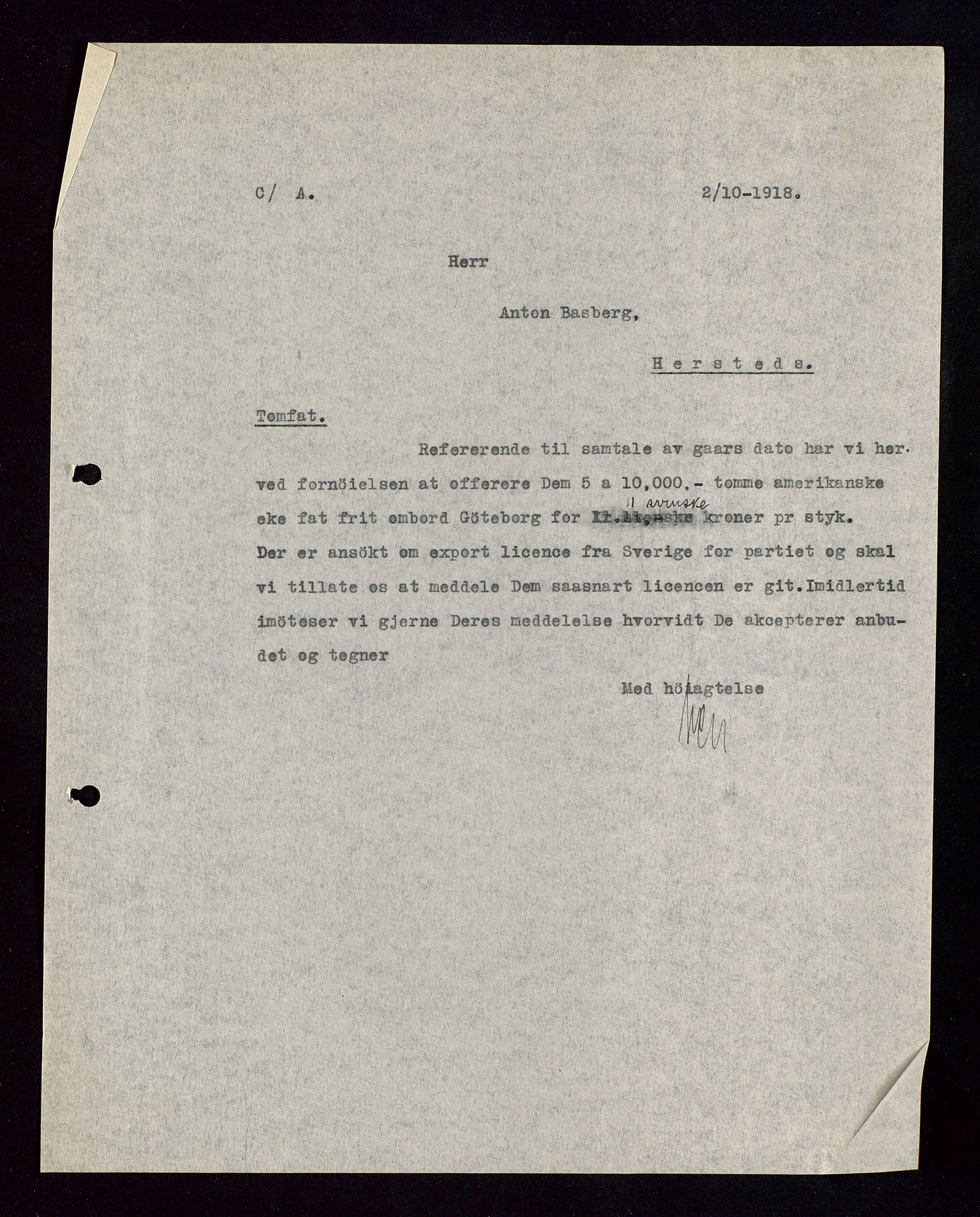 Pa 1521 - A/S Norske Shell, AV/SAST-A-101915/E/Ea/Eaa/L0002: Sjefskorrespondanse, 1917-1918, p. 517