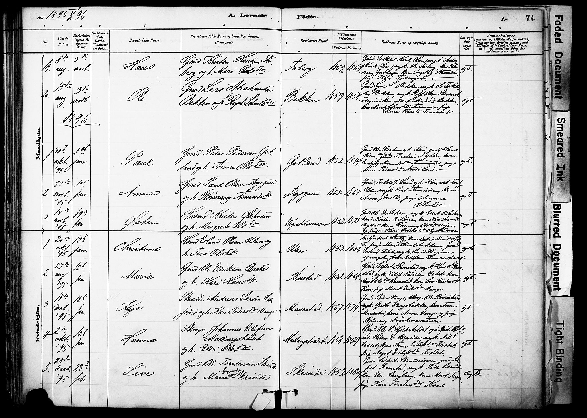 Skjåk prestekontor, SAH/PREST-072/H/Ha/Haa/L0003: Parish register (official) no. 3, 1880-1907, p. 74