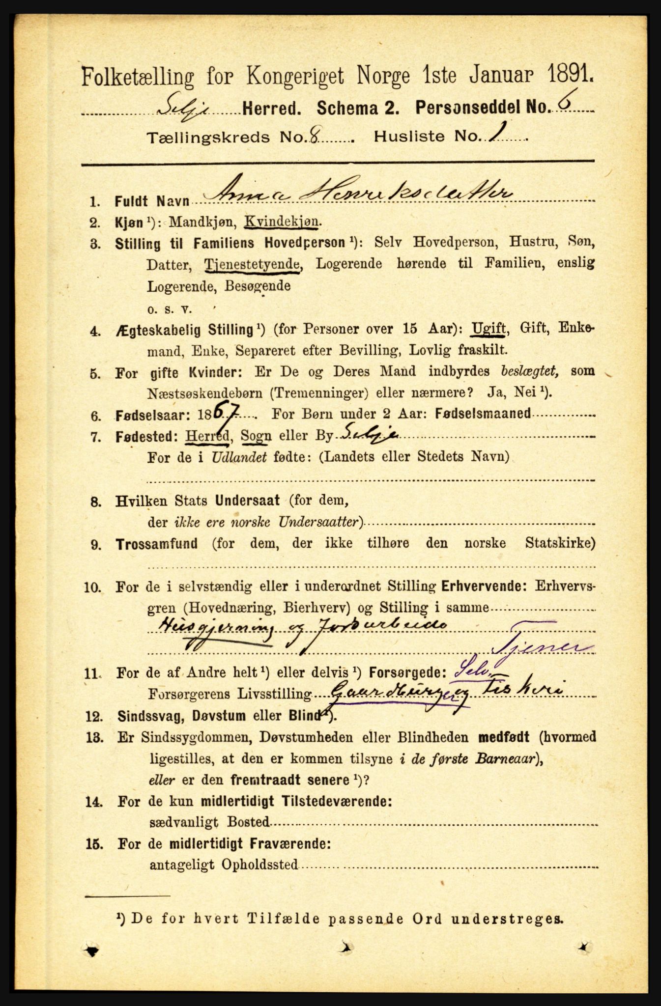 RA, 1891 census for 1441 Selje, 1891, p. 2375