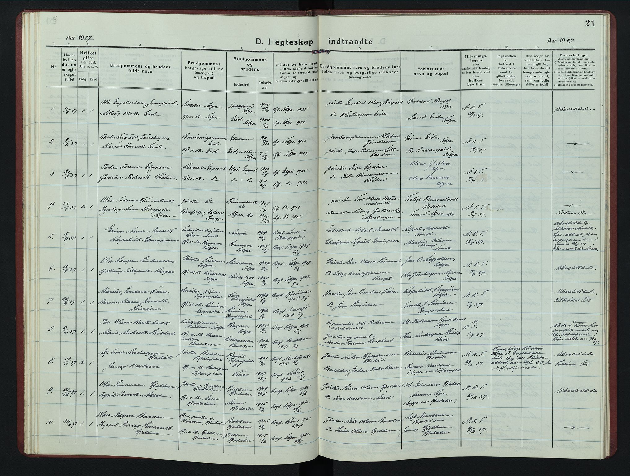 Tolga prestekontor, AV/SAH-PREST-062/L/L0017: Parish register (copy) no. 17, 1919-1950, p. 21