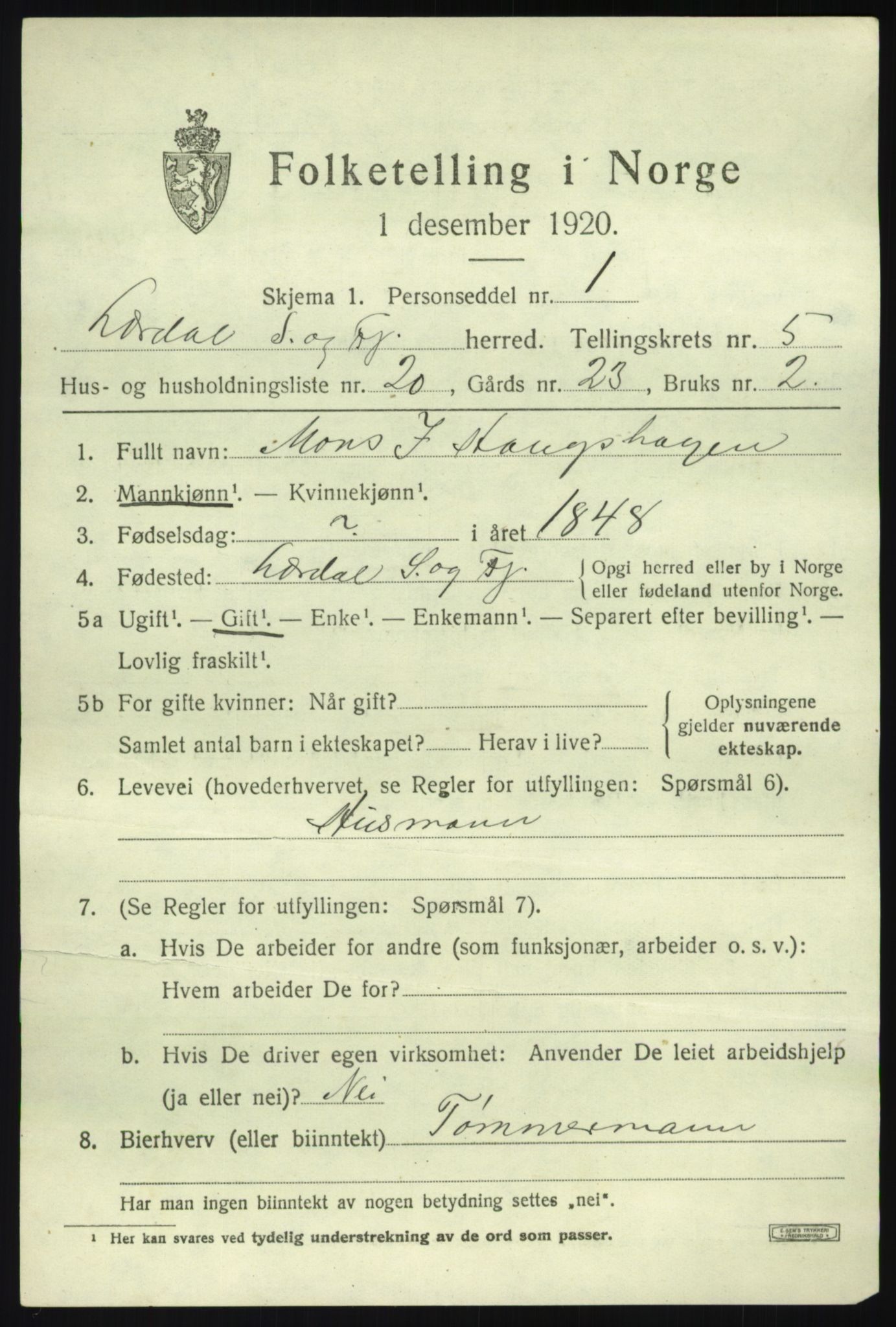 SAB, 1920 census for Lærdal, 1920, p. 2682