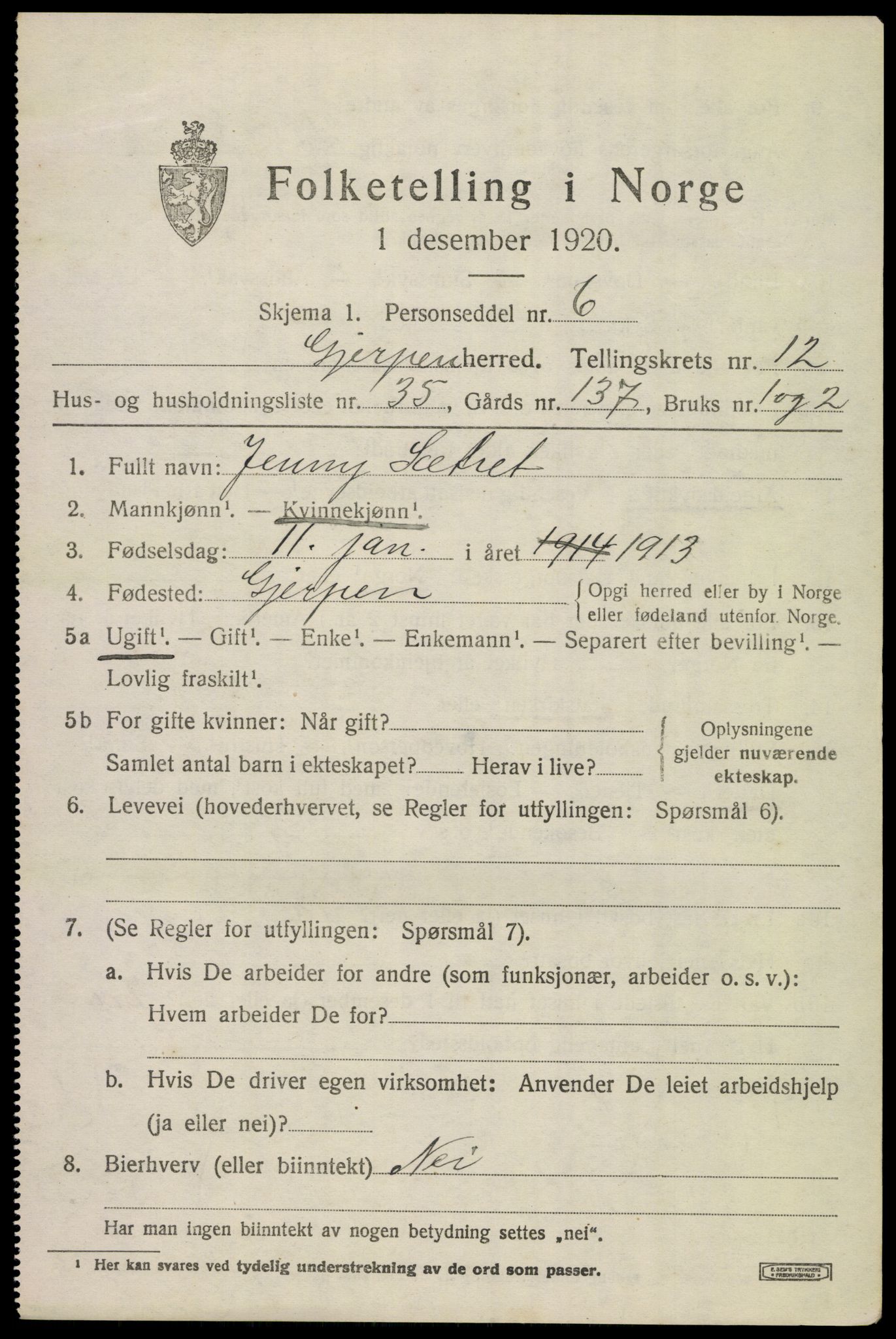 SAKO, 1920 census for Gjerpen, 1920, p. 13914