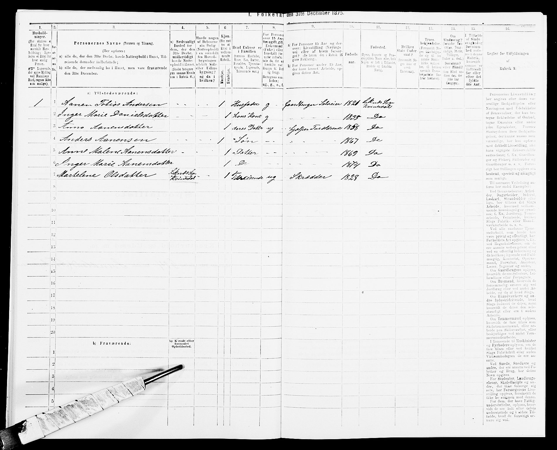 SAK, 1875 census for 1037P Kvinesdal, 1875, p. 1079