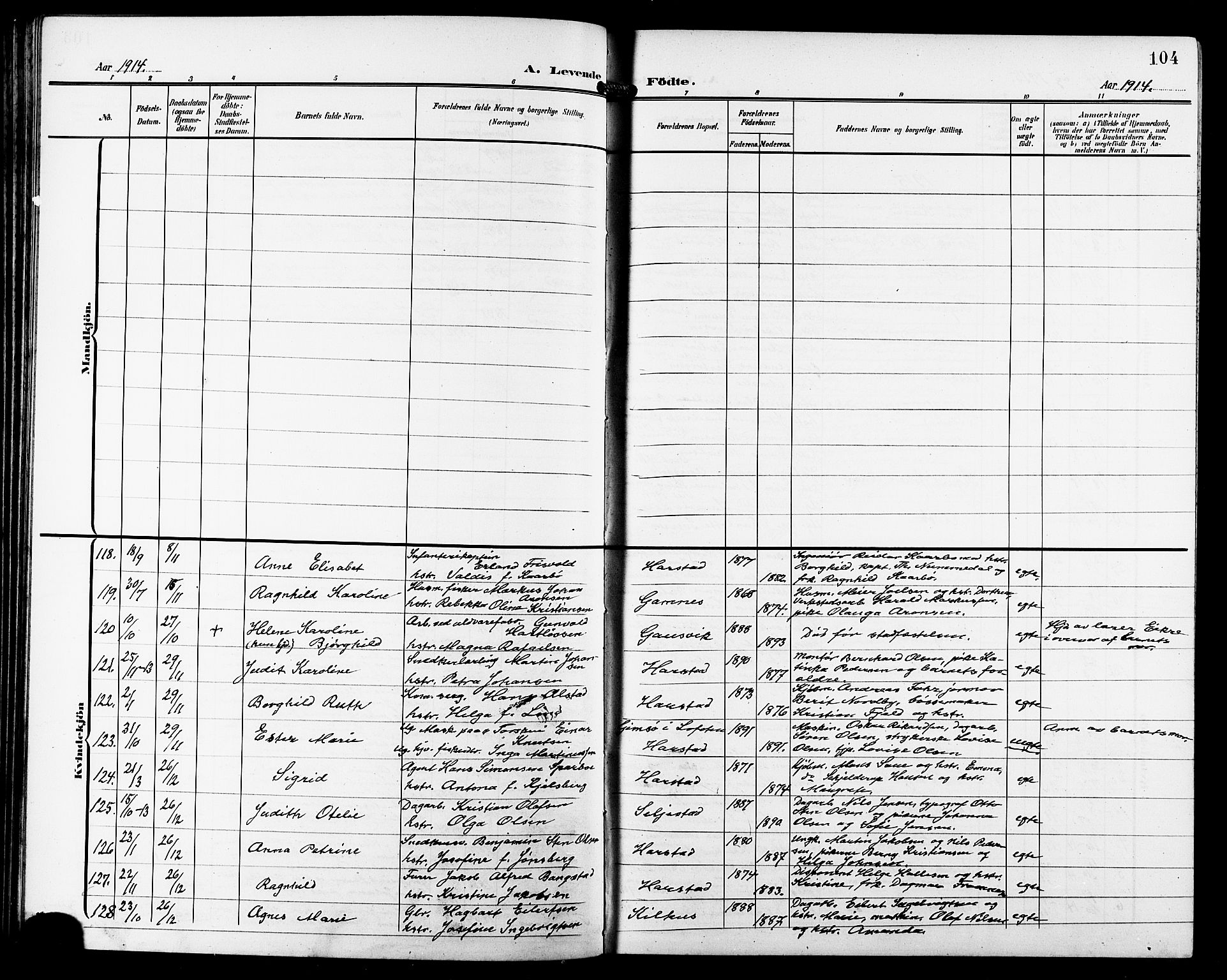 Trondenes sokneprestkontor, AV/SATØ-S-1319/H/Hb/L0012klokker: Parish register (copy) no. 12, 1907-1916, p. 104