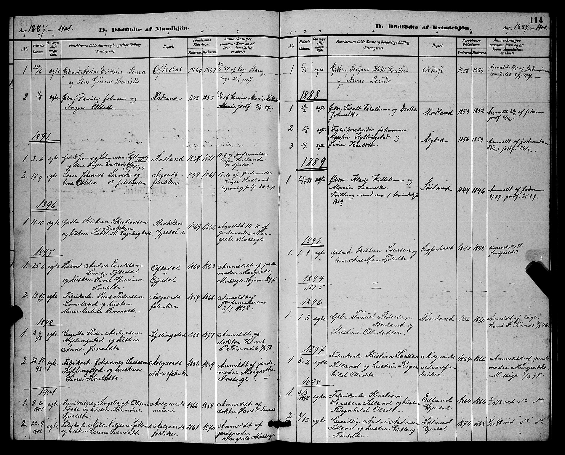 Lye sokneprestkontor, SAST/A-101794/001/30BB/L0008: Parish register (copy) no. B 7, 1887-1901, p. 114